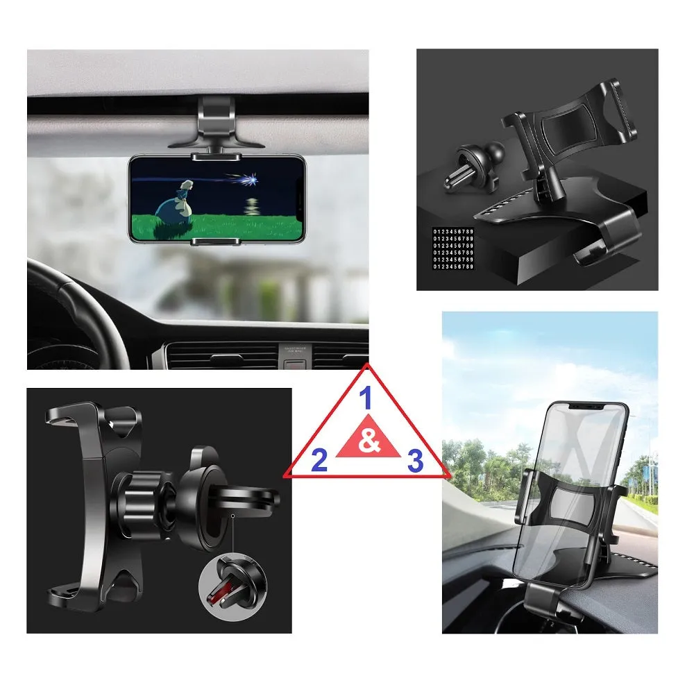 3 in 1 Car GPS Smartphone Holder: Dashboard / Visor Clamp   AC Grid Clip for Hisense Infinity H40 Rock - Black