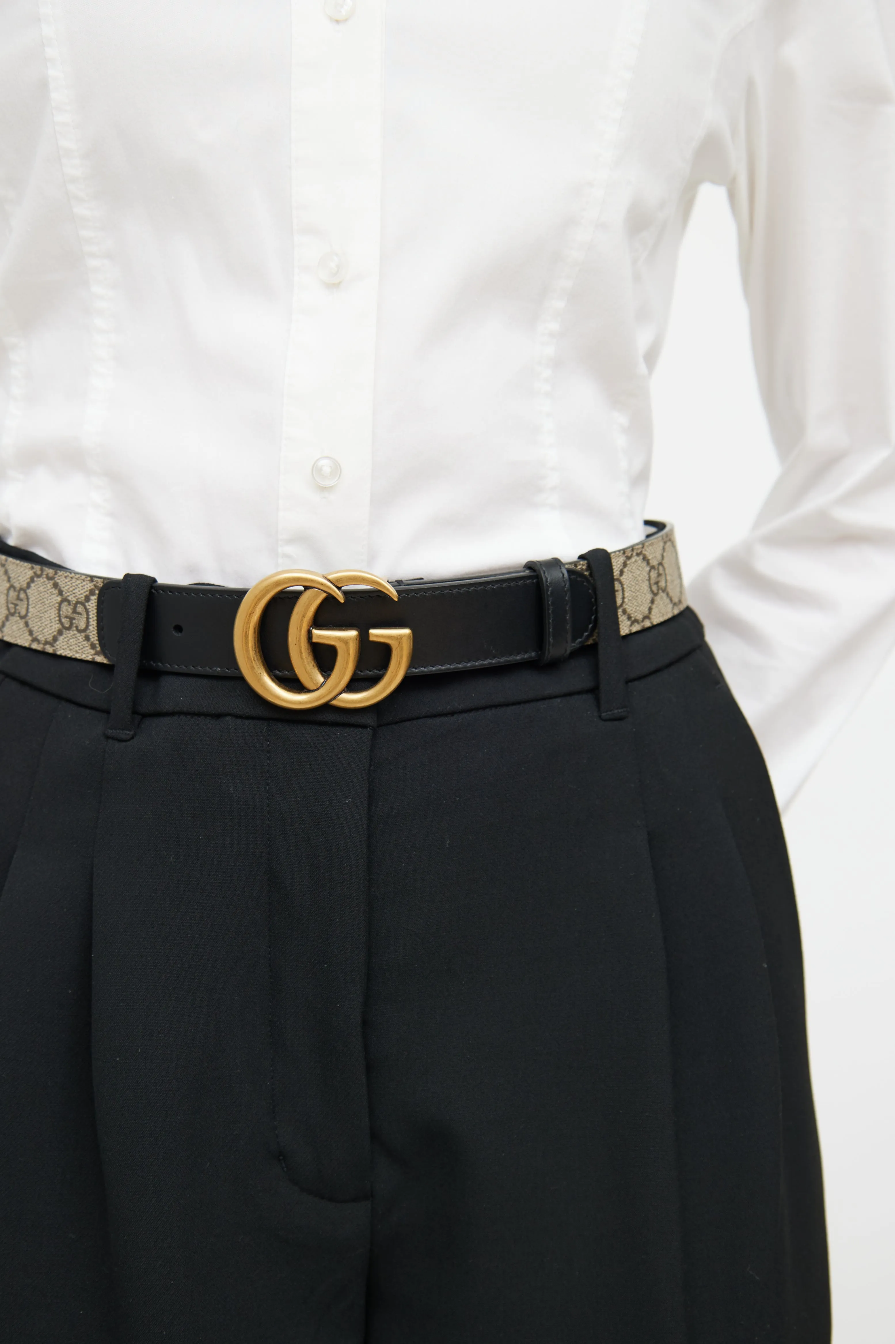 Beige & Black Leather Marmont Monogram Belt