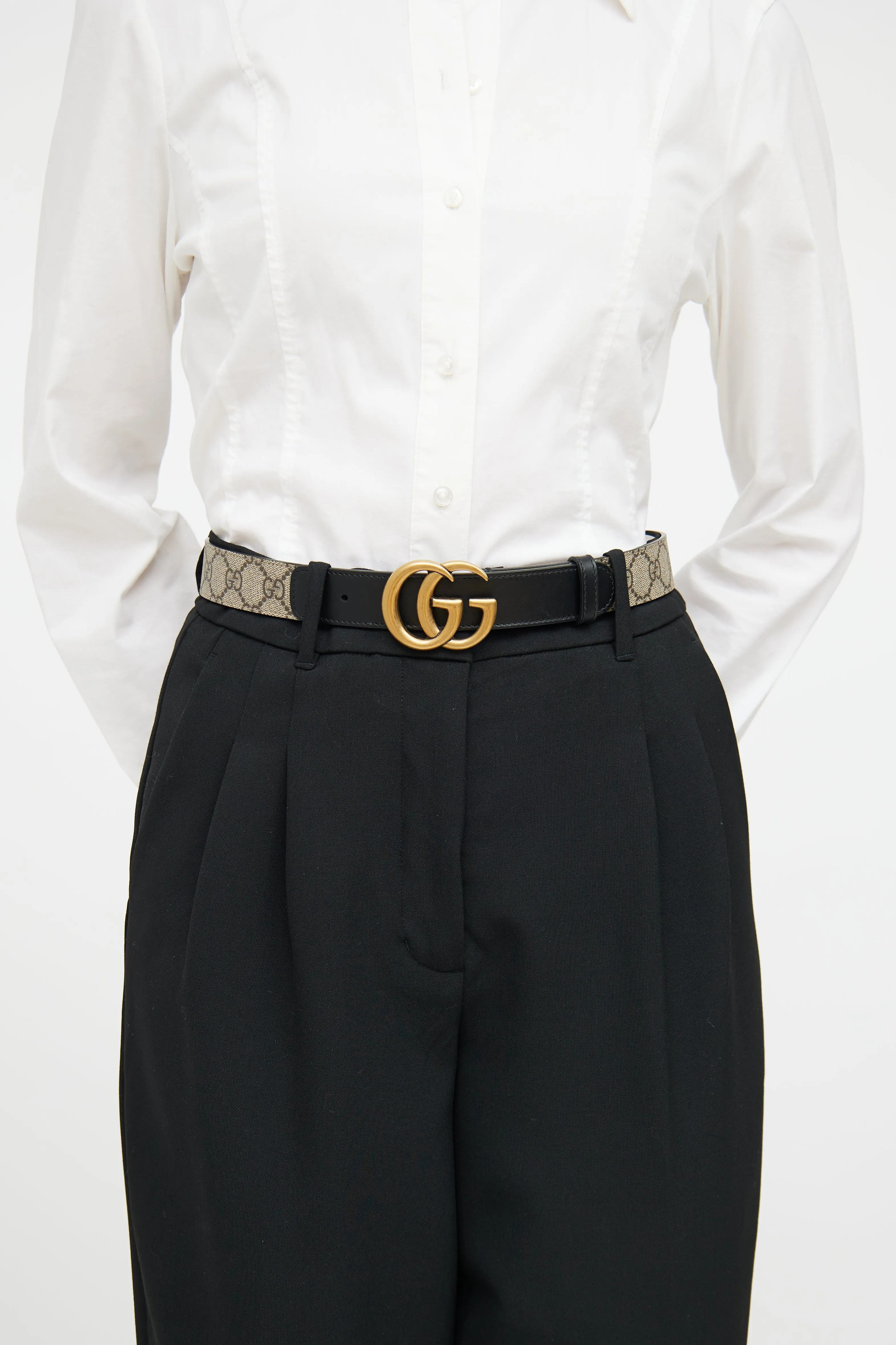 Beige & Black Leather Marmont Monogram Belt
