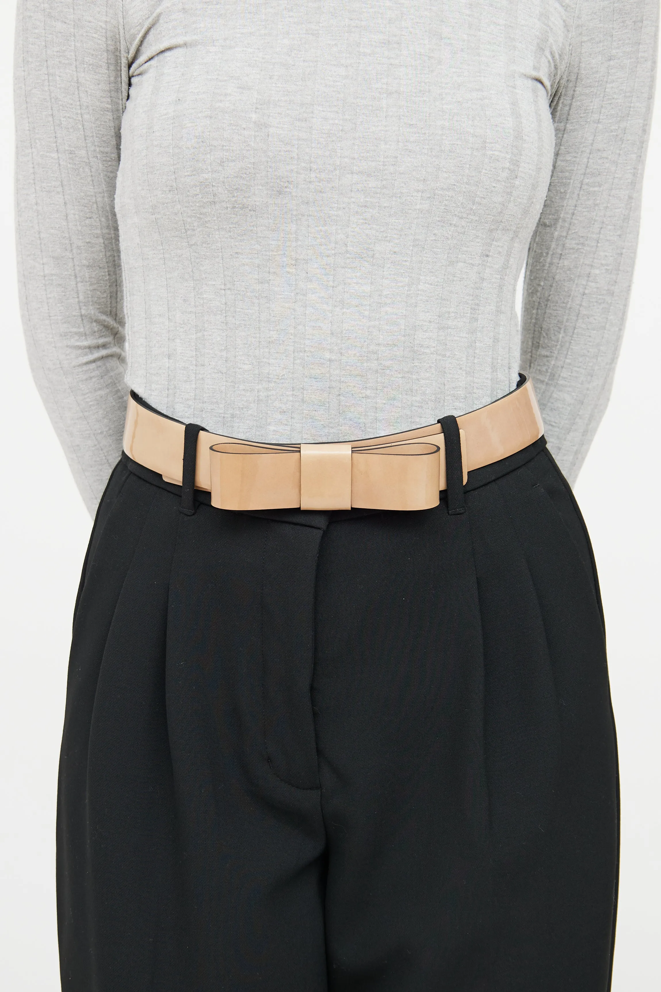 Beige Patent Leather Bow Belt