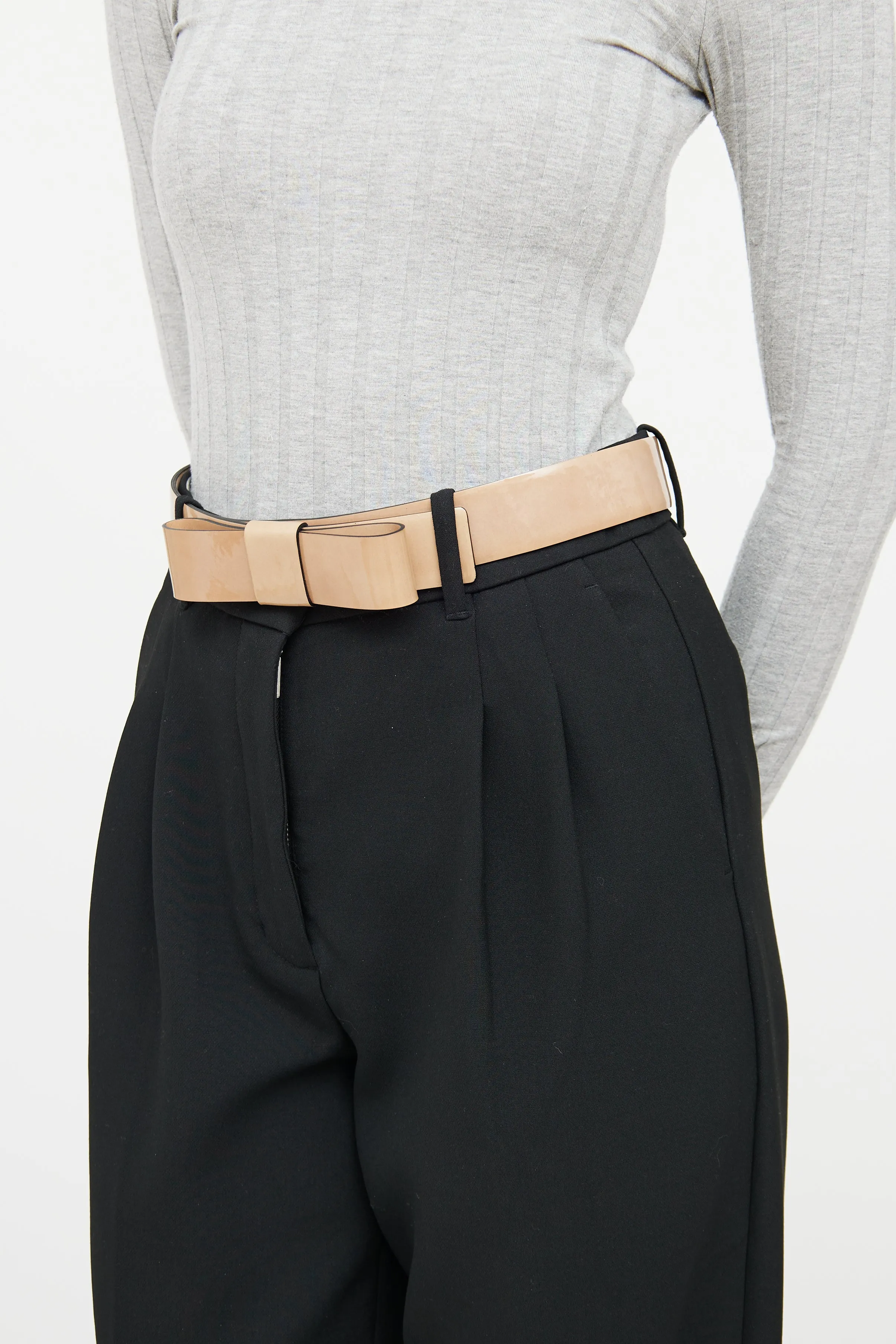 Beige Patent Leather Bow Belt