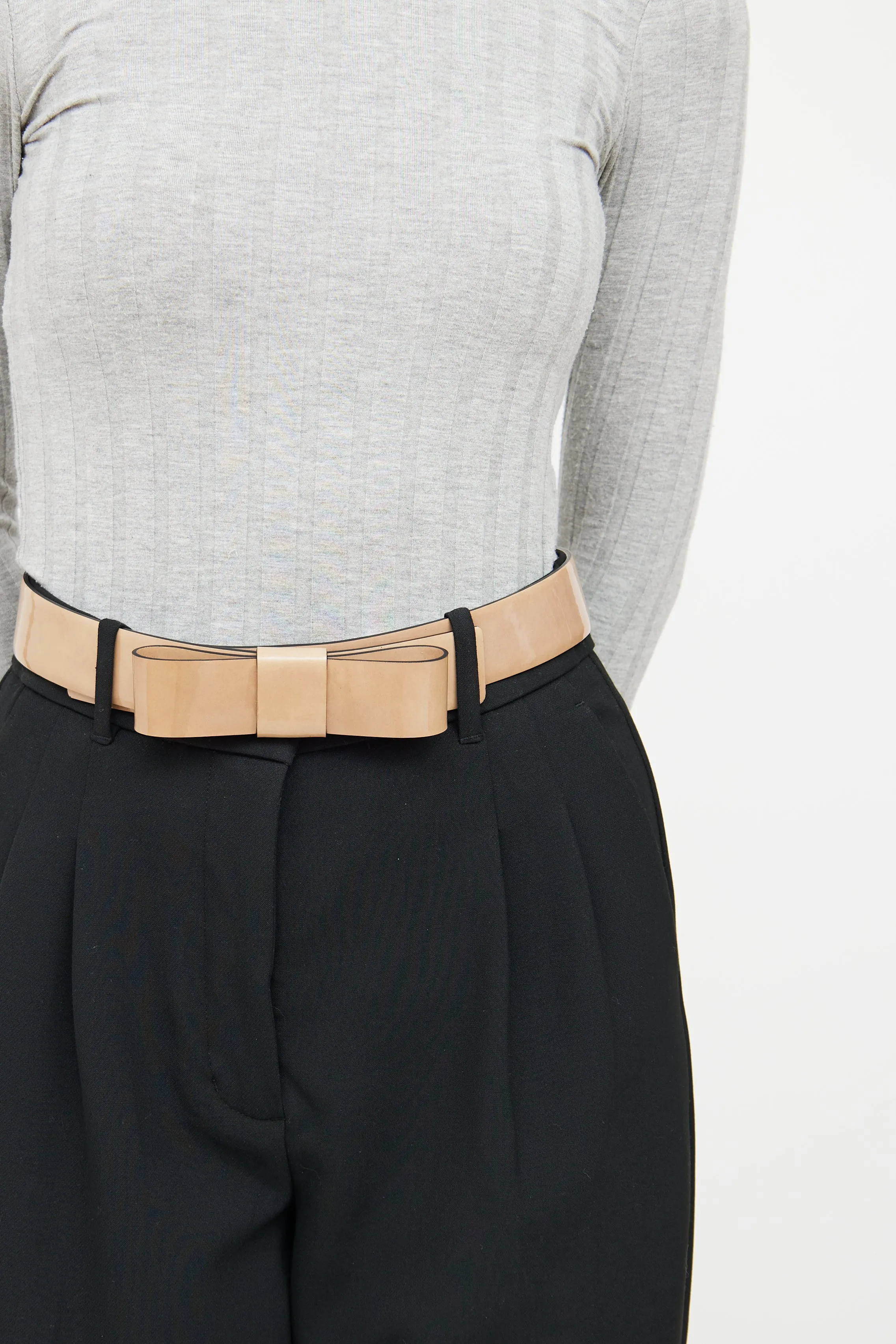 Beige Patent Leather Bow Belt
