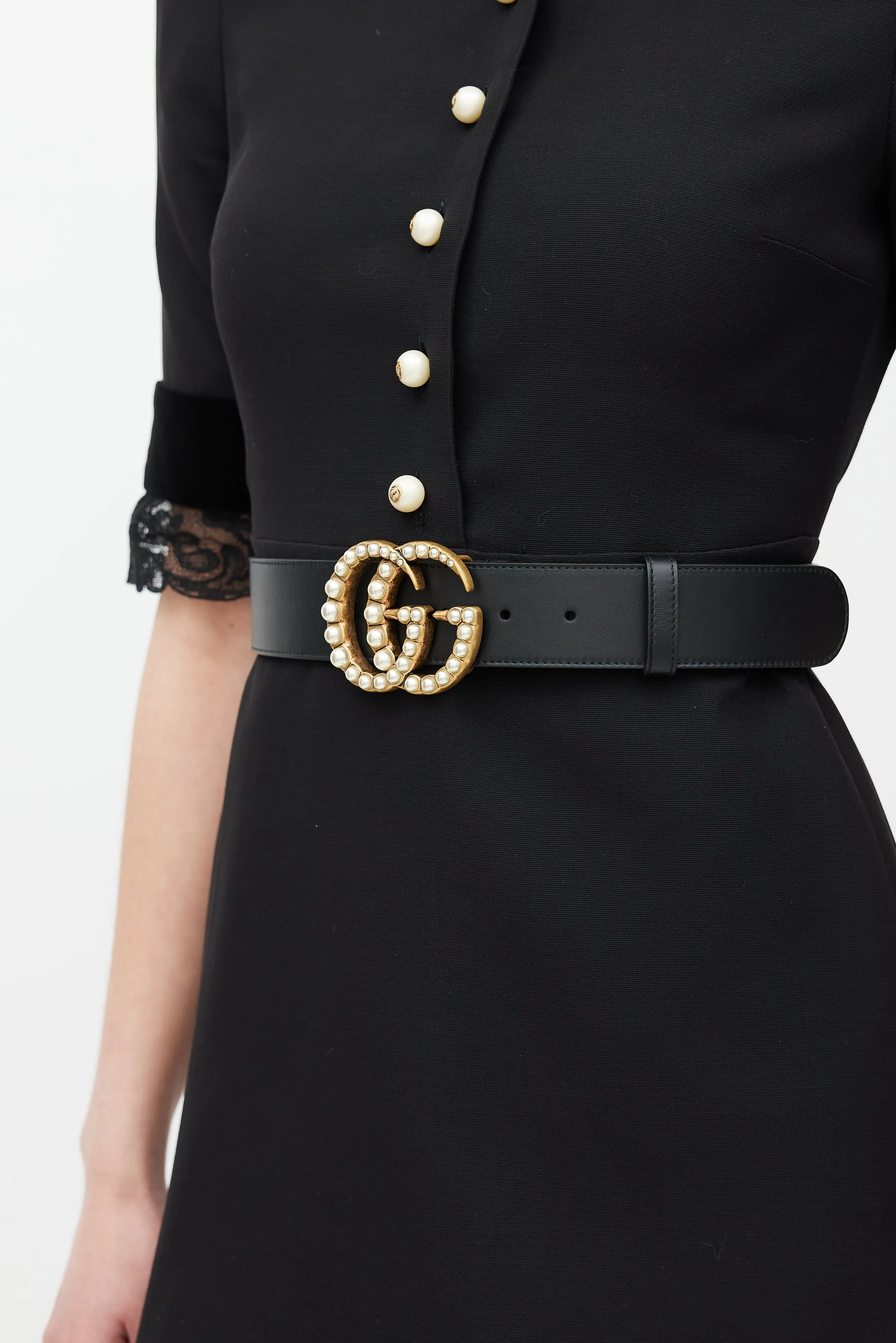 Black & Gold Leather Marmont Pearl Belt
