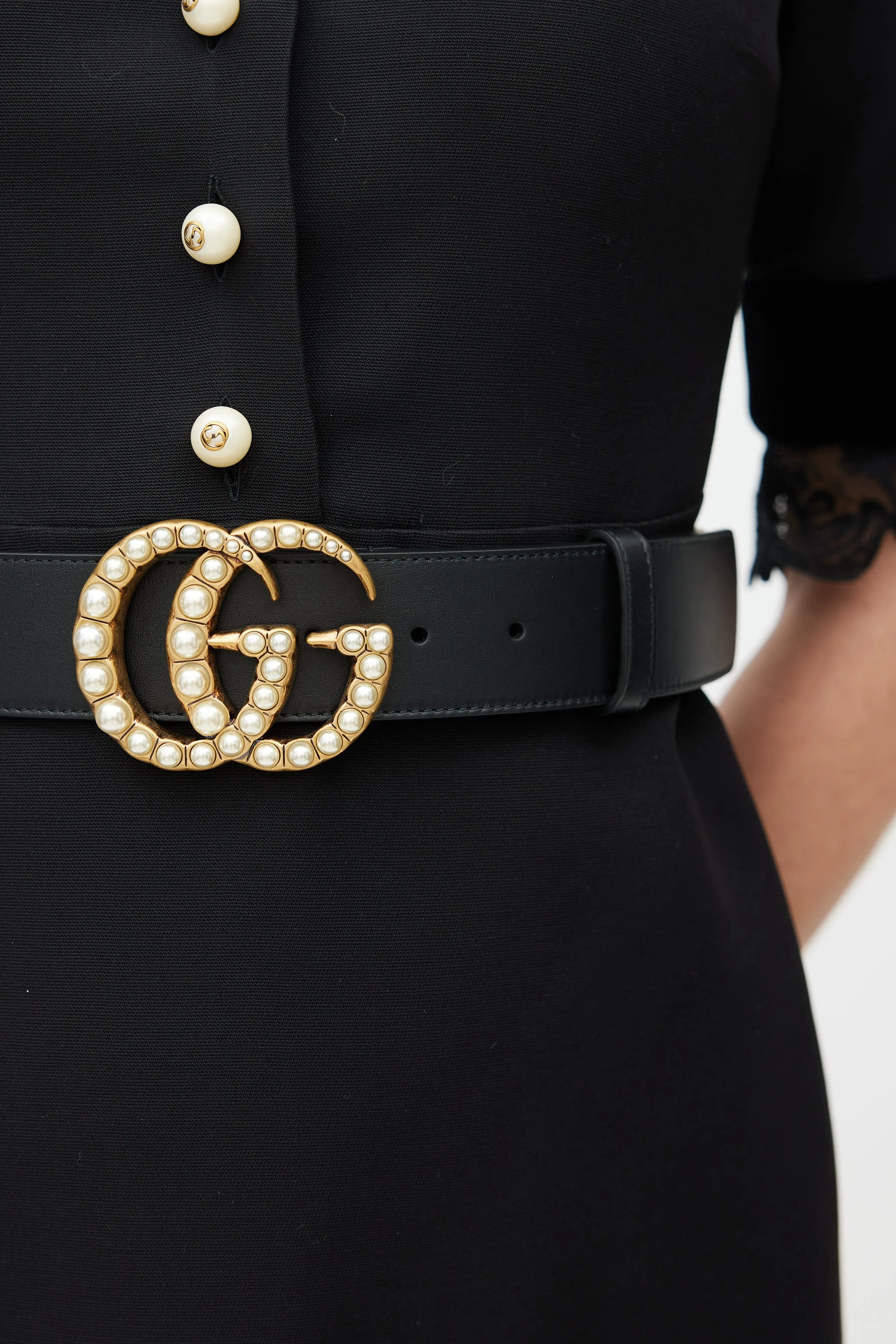 Black & Gold Leather Marmont Pearl Belt