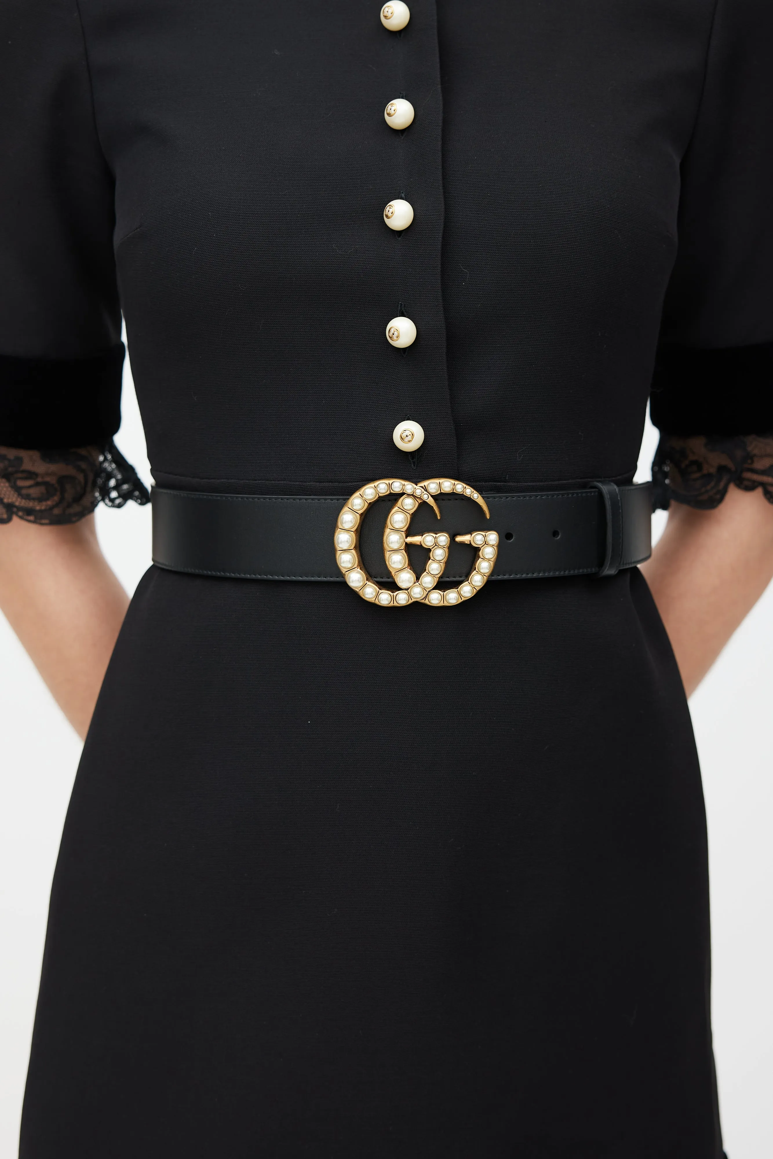 Black & Gold Leather Marmont Pearl Belt