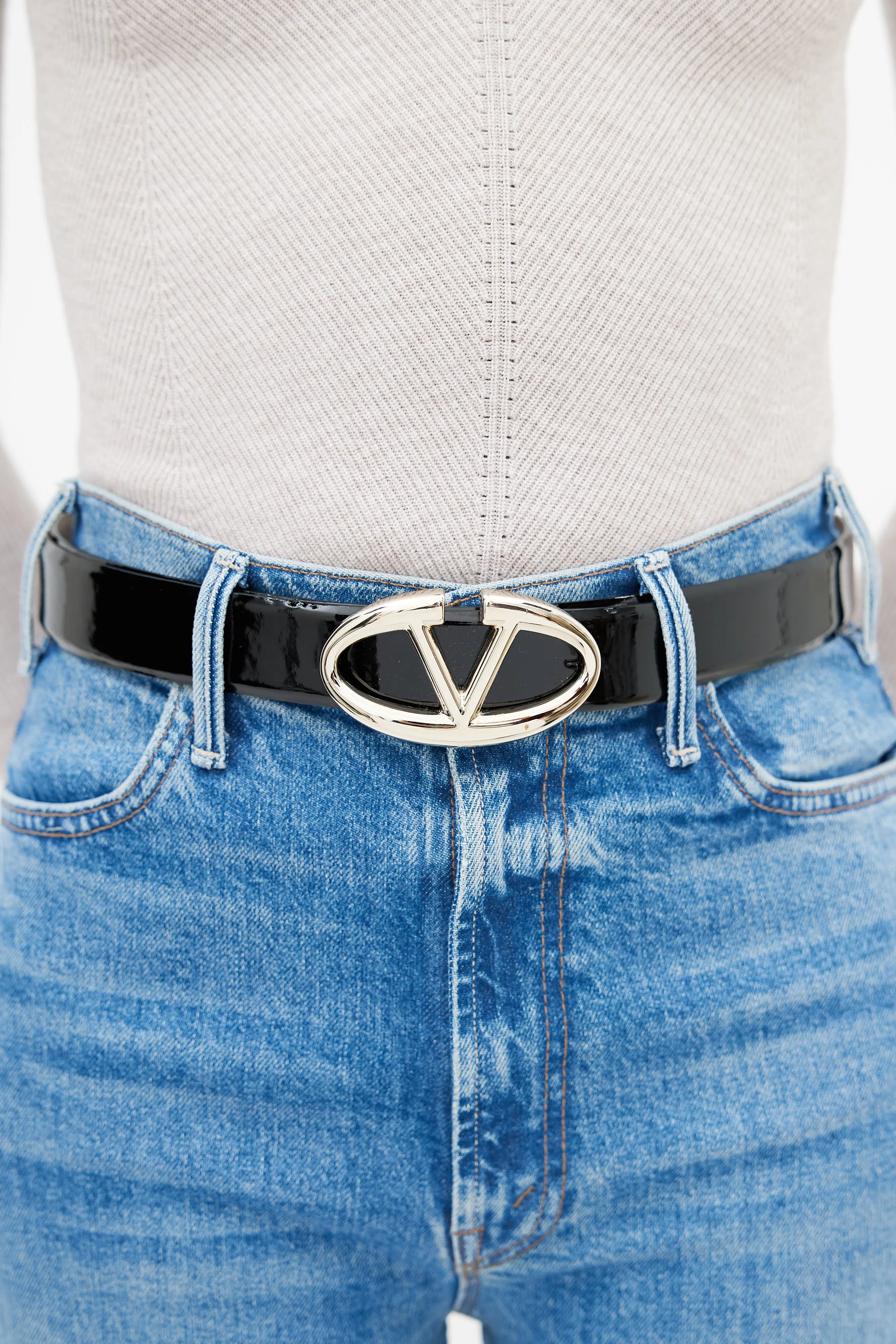 Black Patent Leather V Logo Belt