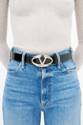 Black Patent Leather V Logo Belt