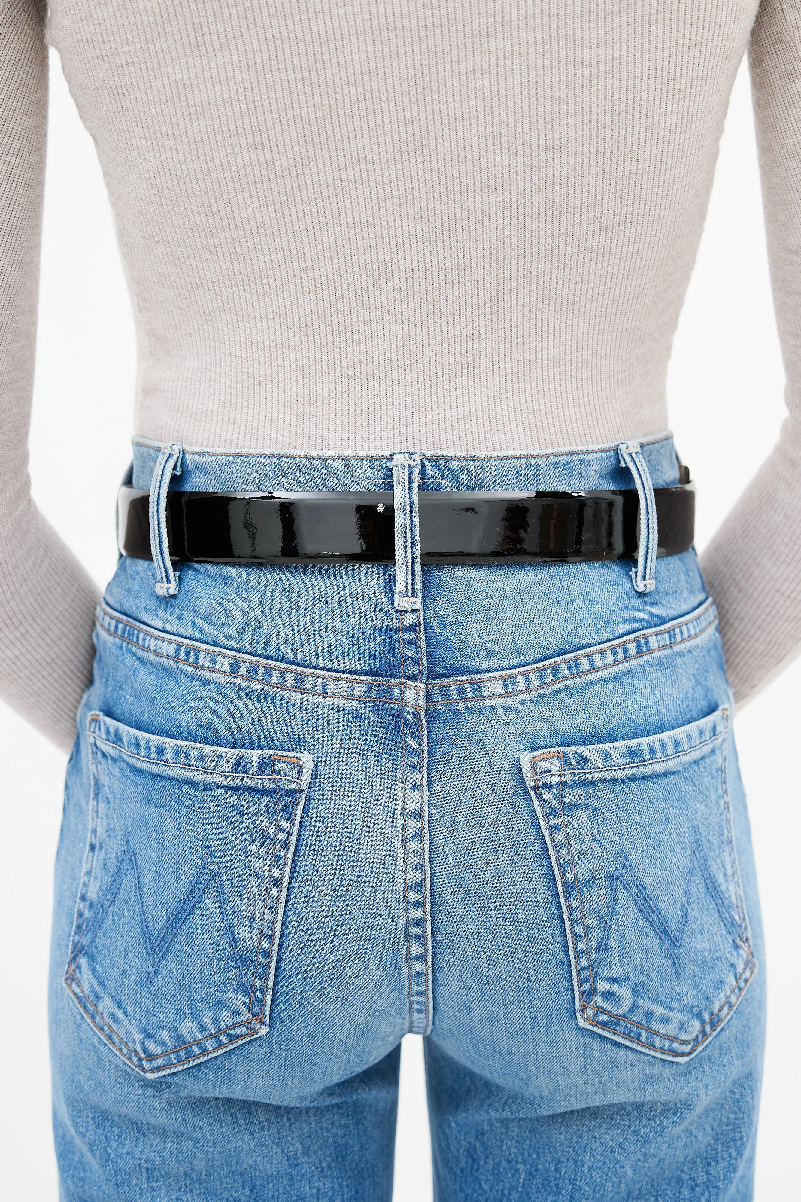 Black Patent Leather V Logo Belt