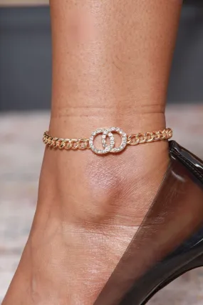 Cuffed Up Rhinestone Studded Dual Link Anklet - Gold