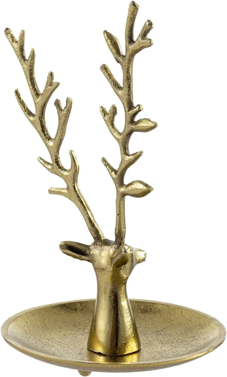 Deer Jewelry Holder Trinket Dish, Brass Tone Metal Reindeer Head Tabletop Ring Tray with Necklace and Bracelet Stand