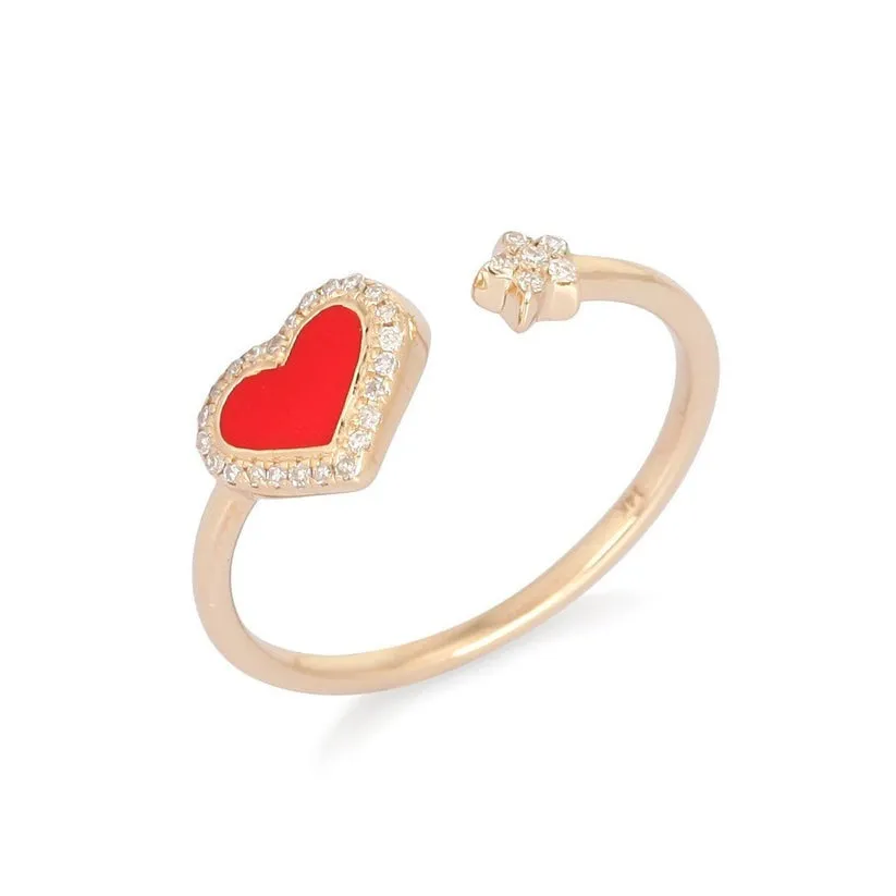 Diamond-Studded Heart Open Wrap Ring
