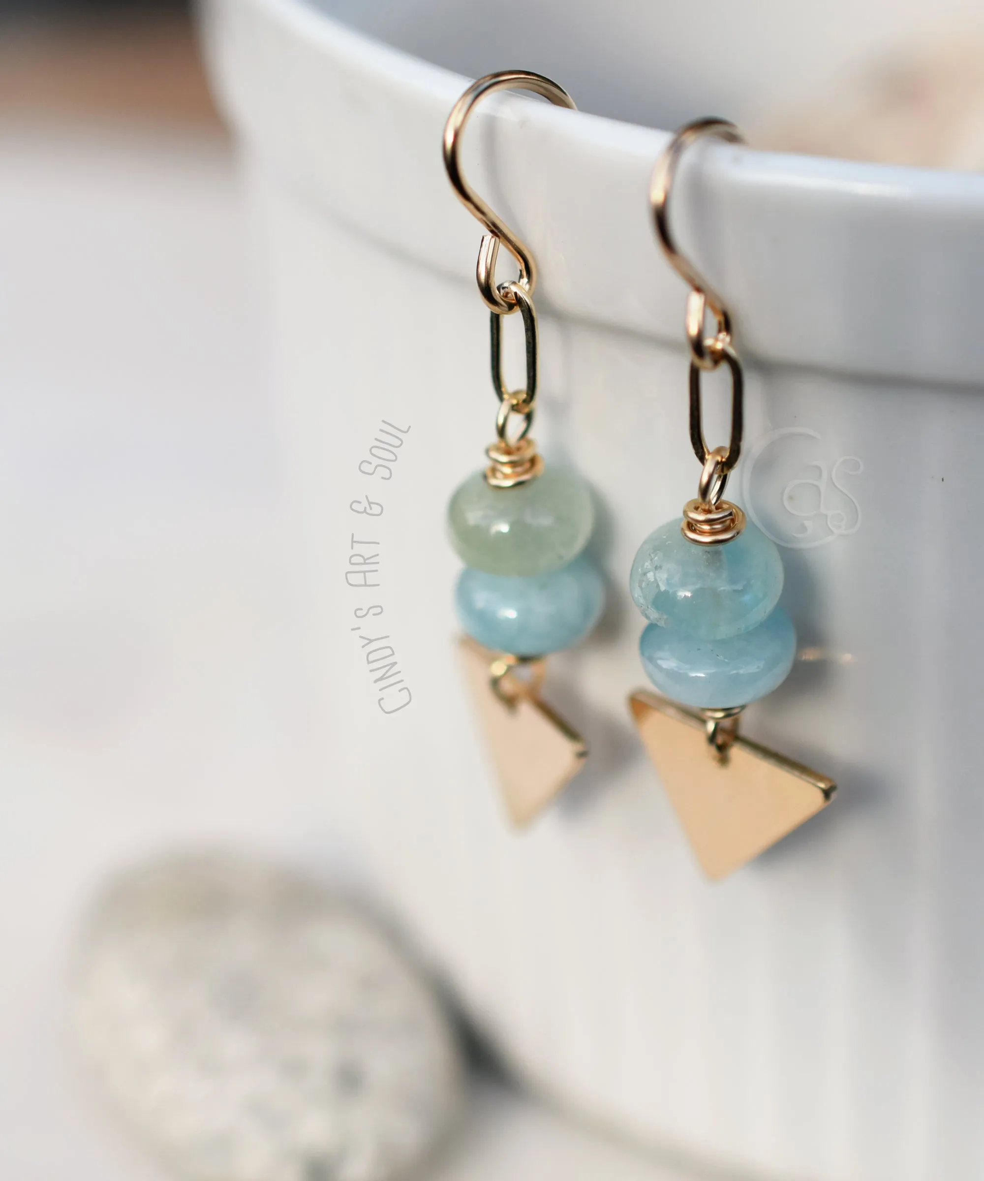 Gold Aquamarine Earrings. Handcrafted Gold Filled and Blue Aquamarine Gemstone Dangles.