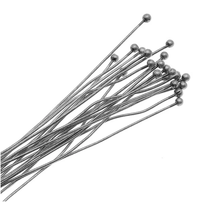 Head Pins, with Ball Head 2 Inches Long and 22 Gauge Thick, Antiqued Silver Plated (20 Pieces)