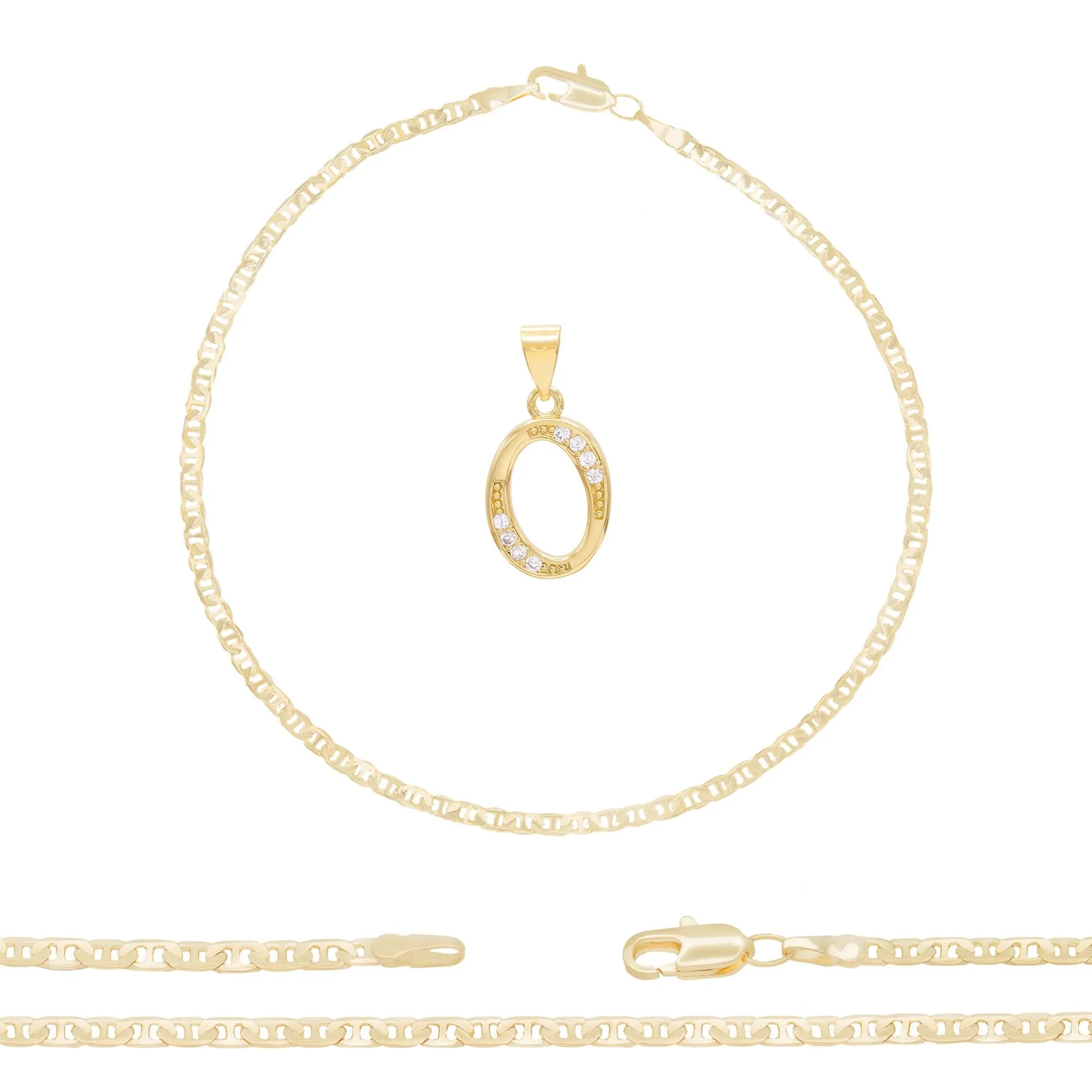 Initial A-Z Alphabet Letter CZ Pendant 14K Anklet Bracelet Gold Filled Mariner Set 10" WomenJewelry 3 mm