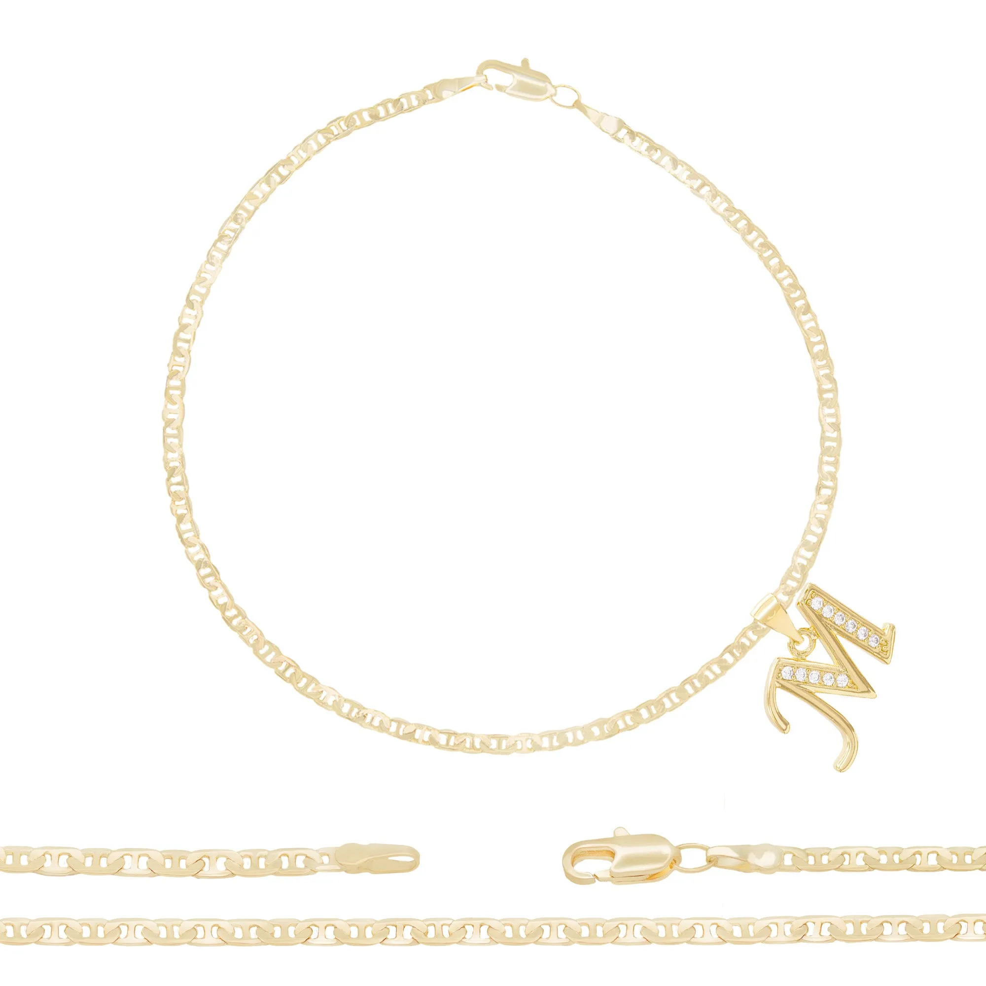 Initial A-Z Alphabet Letter CZ Pendant 14K Anklet Bracelet Gold Filled Mariner Set 10" WomenJewelry 3 mm