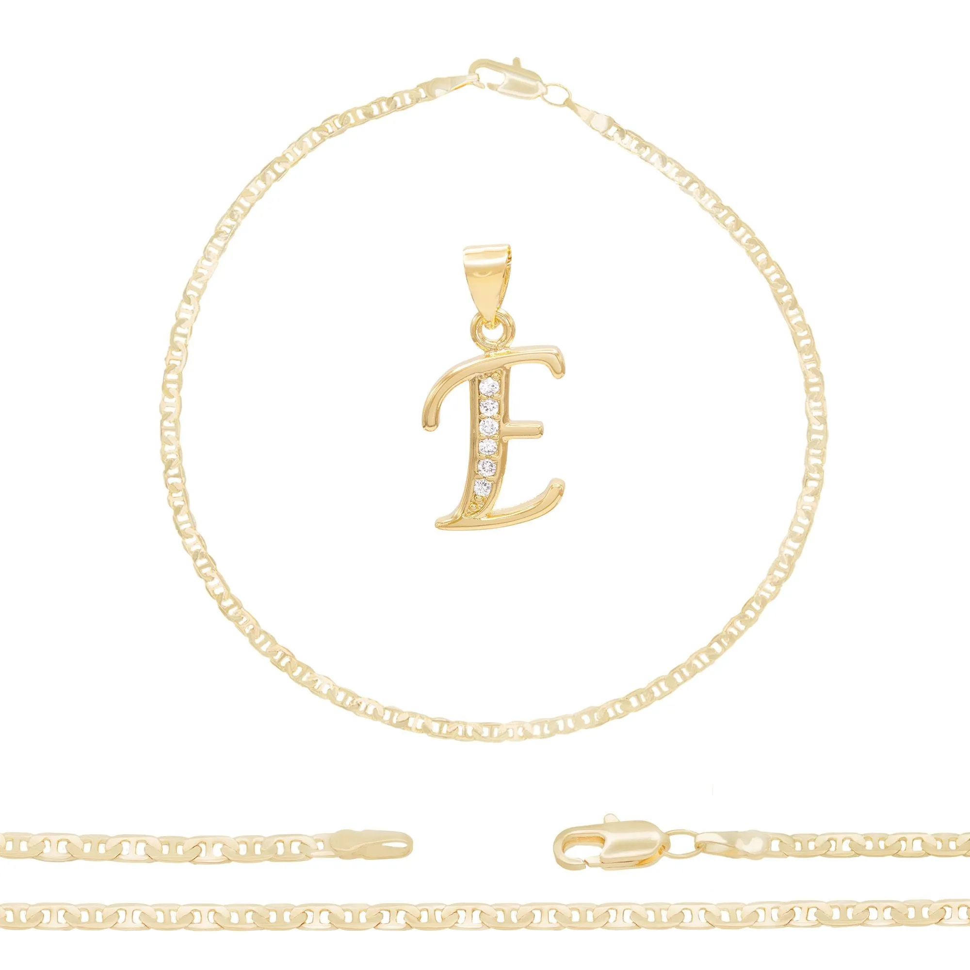 Initial A-Z Alphabet Letter CZ Pendant 14K Anklet Bracelet Gold Filled Mariner Set 10" WomenJewelry 3 mm
