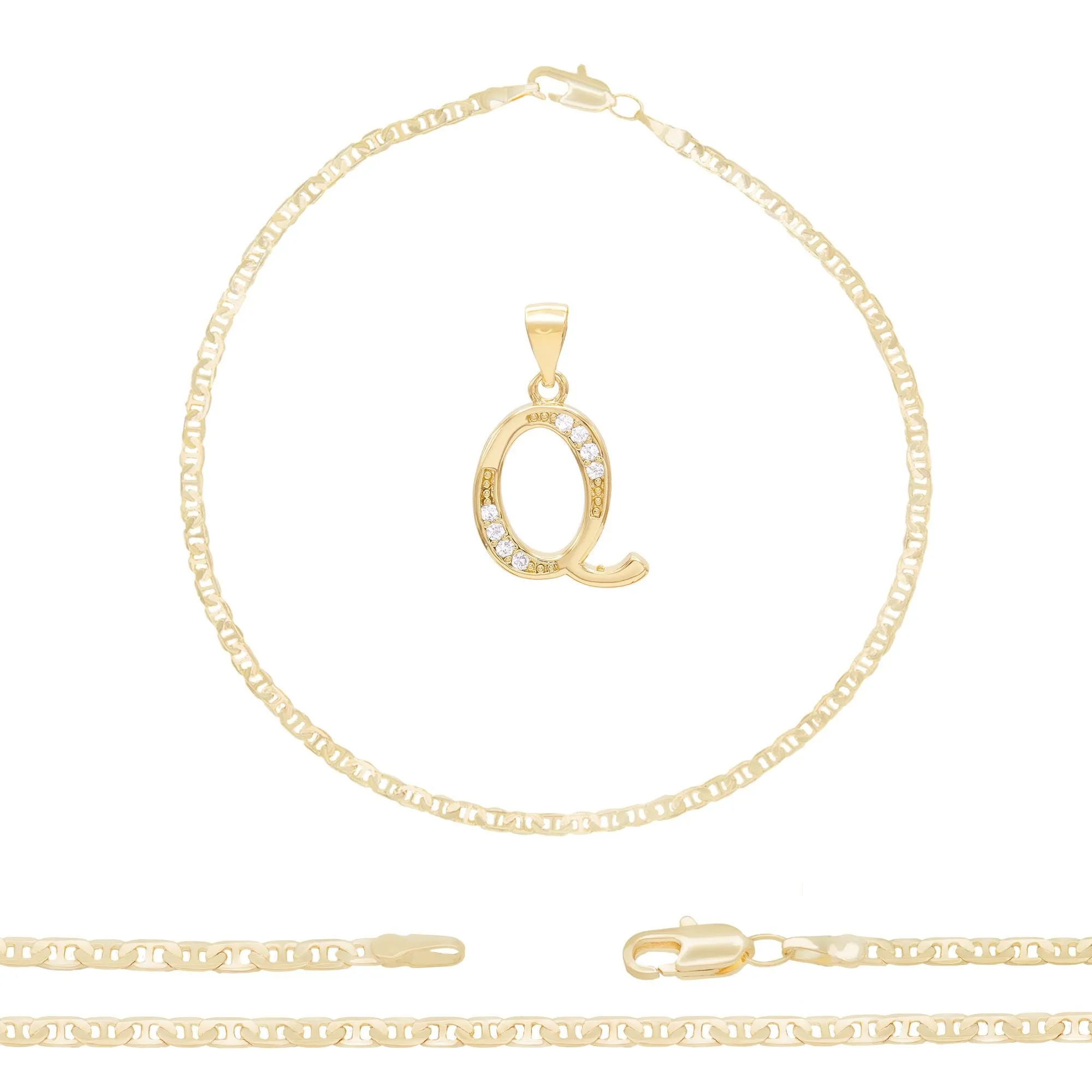 Initial A-Z Alphabet Letter CZ Pendant 14K Anklet Bracelet Gold Filled Mariner Set 10" WomenJewelry 3 mm
