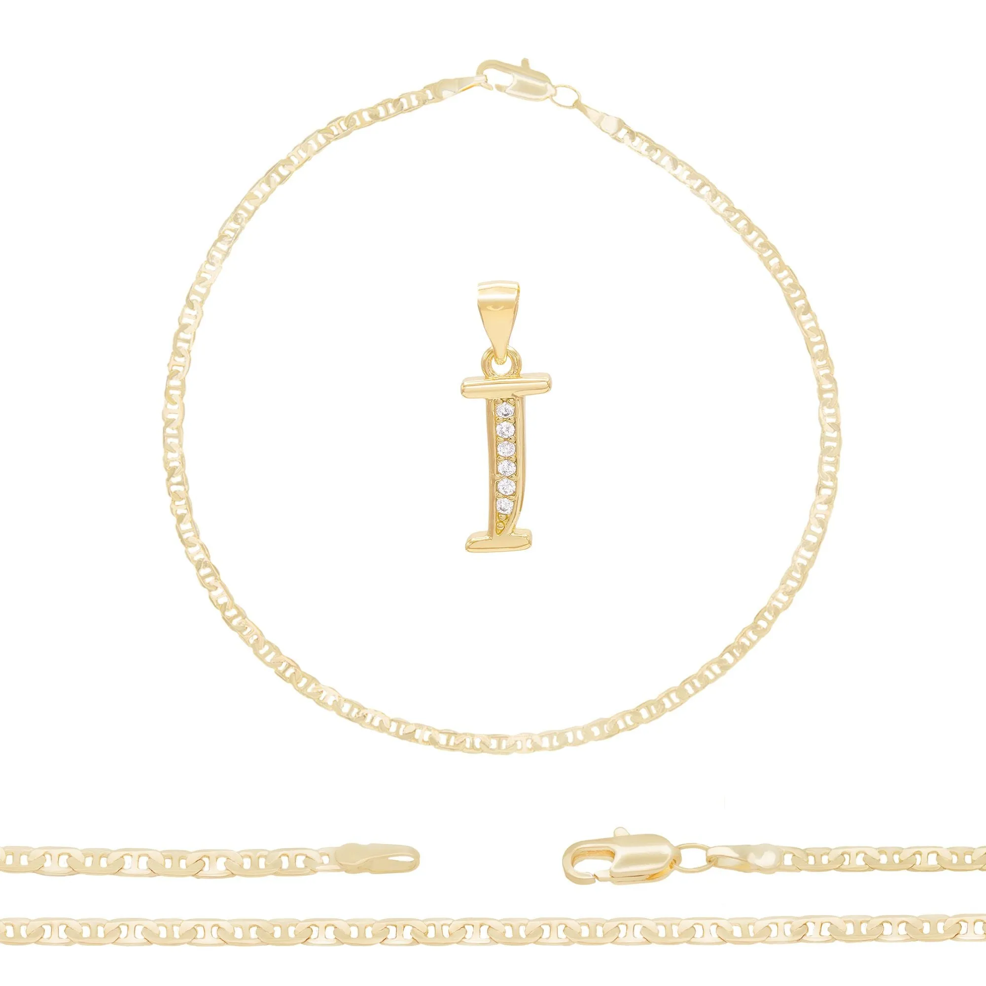 Initial A-Z Alphabet Letter CZ Pendant 14K Anklet Bracelet Gold Filled Mariner Set 10" WomenJewelry 3 mm