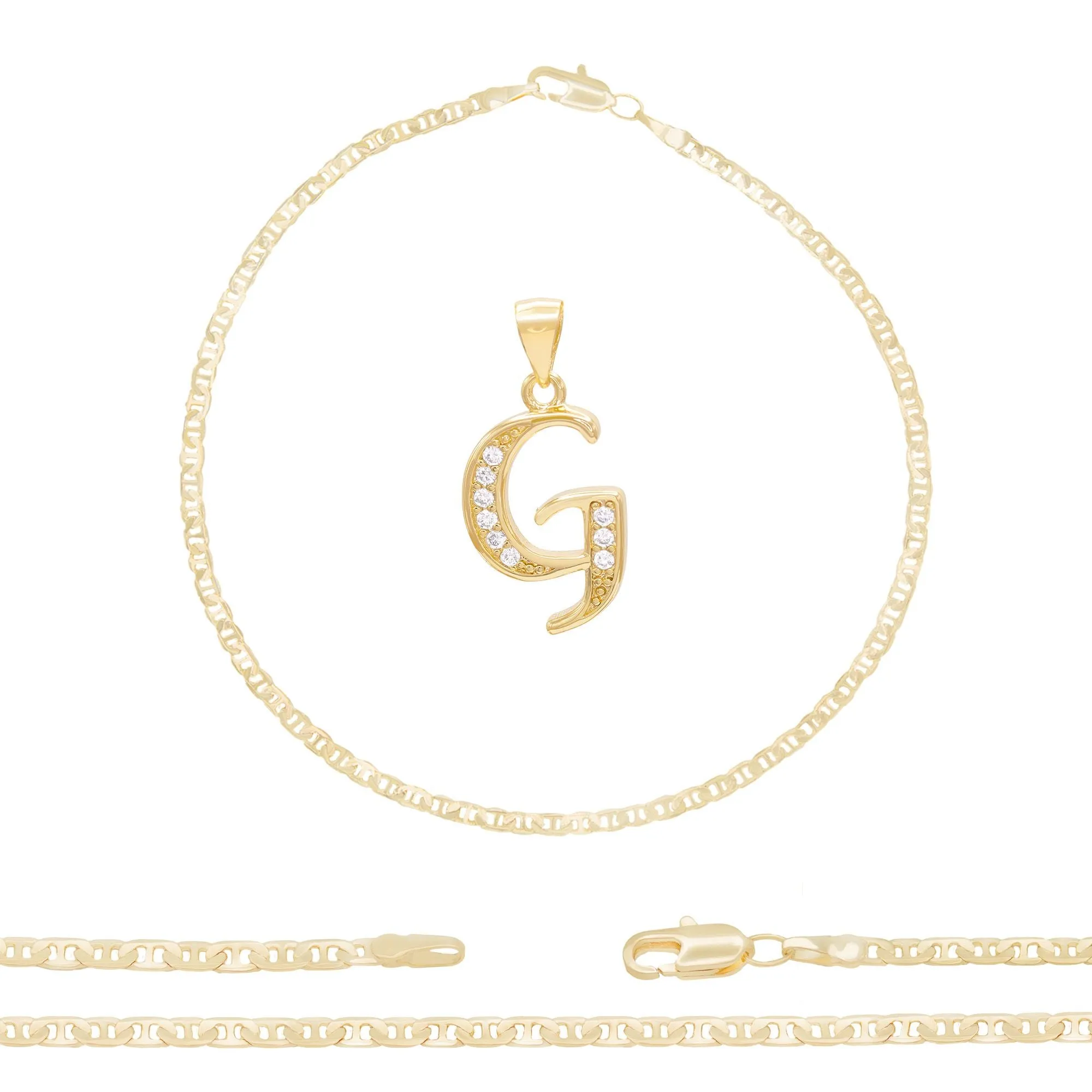 Initial A-Z Alphabet Letter CZ Pendant 14K Anklet Bracelet Gold Filled Mariner Set 10" WomenJewelry 3 mm