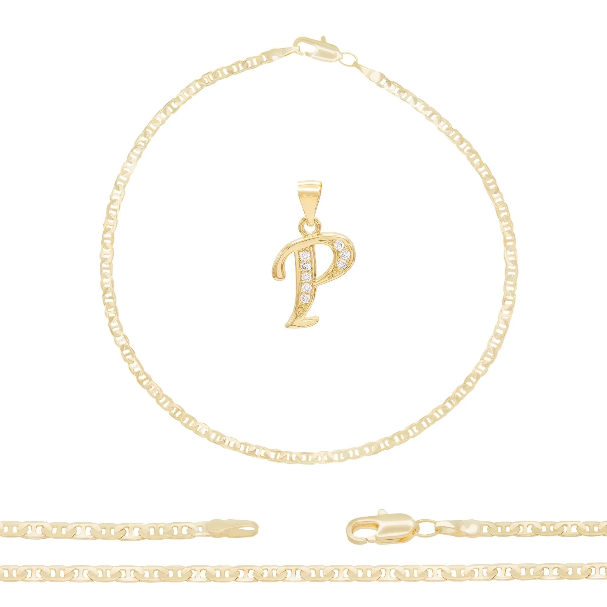 Initial A-Z Alphabet Letter CZ Pendant 14K Anklet Bracelet Gold Filled Mariner Set 10" WomenJewelry 3 mm