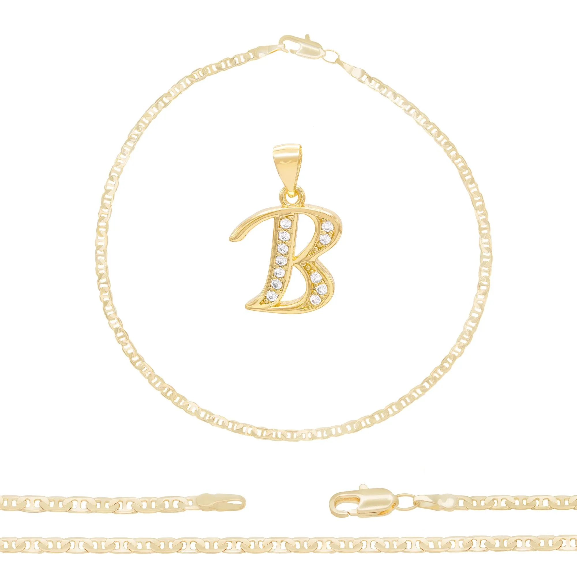 Initial A-Z Alphabet Letter CZ Pendant 14K Anklet Bracelet Gold Filled Mariner Set 10" WomenJewelry 3 mm