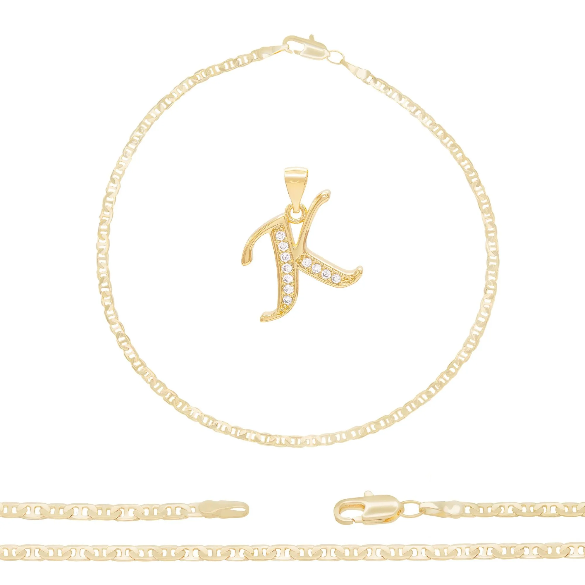 Initial A-Z Alphabet Letter CZ Pendant 14K Anklet Bracelet Gold Filled Mariner Set 10" WomenJewelry 3 mm