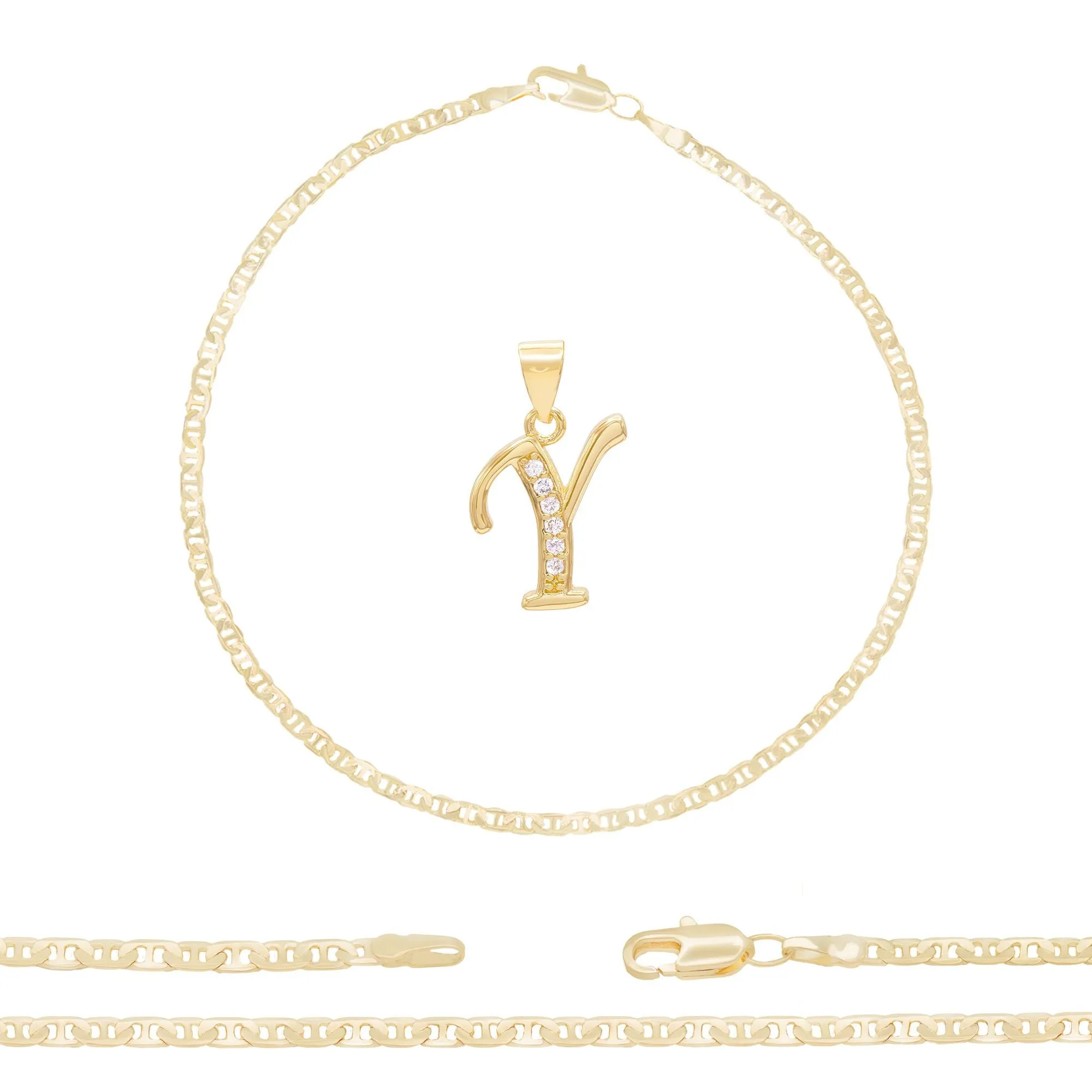 Initial A-Z Alphabet Letter CZ Pendant 14K Anklet Bracelet Gold Filled Mariner Set 10" WomenJewelry 3 mm