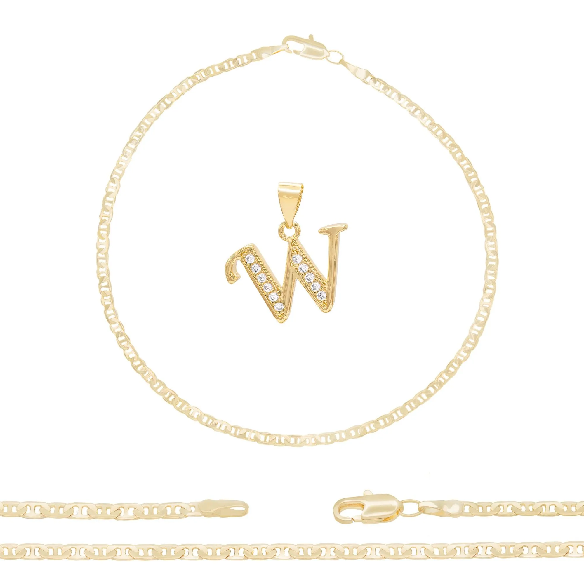 Initial A-Z Alphabet Letter CZ Pendant 14K Anklet Bracelet Gold Filled Mariner Set 10" WomenJewelry 3 mm