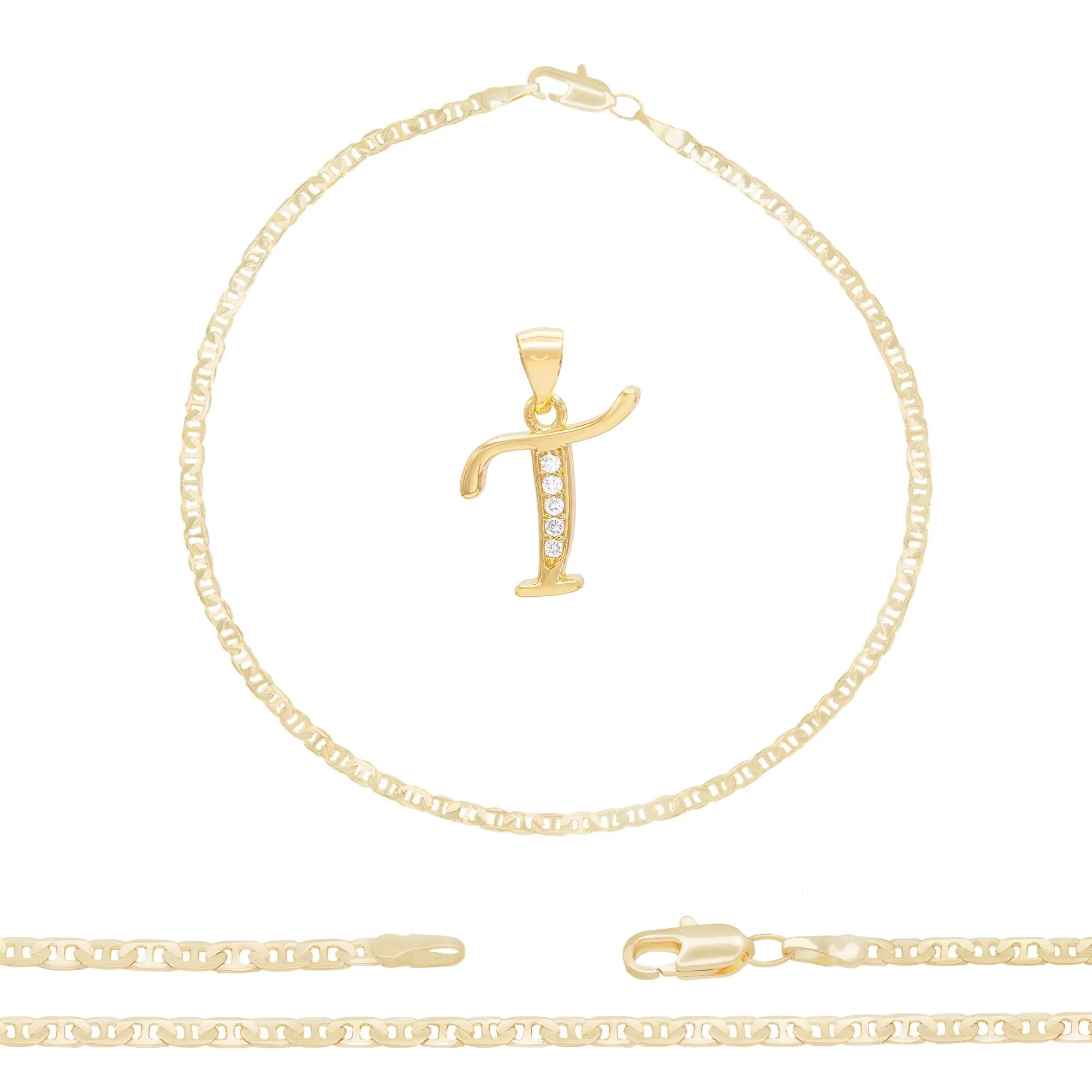 Initial A-Z Alphabet Letter CZ Pendant 14K Anklet Bracelet Gold Filled Mariner Set 10" WomenJewelry 3 mm