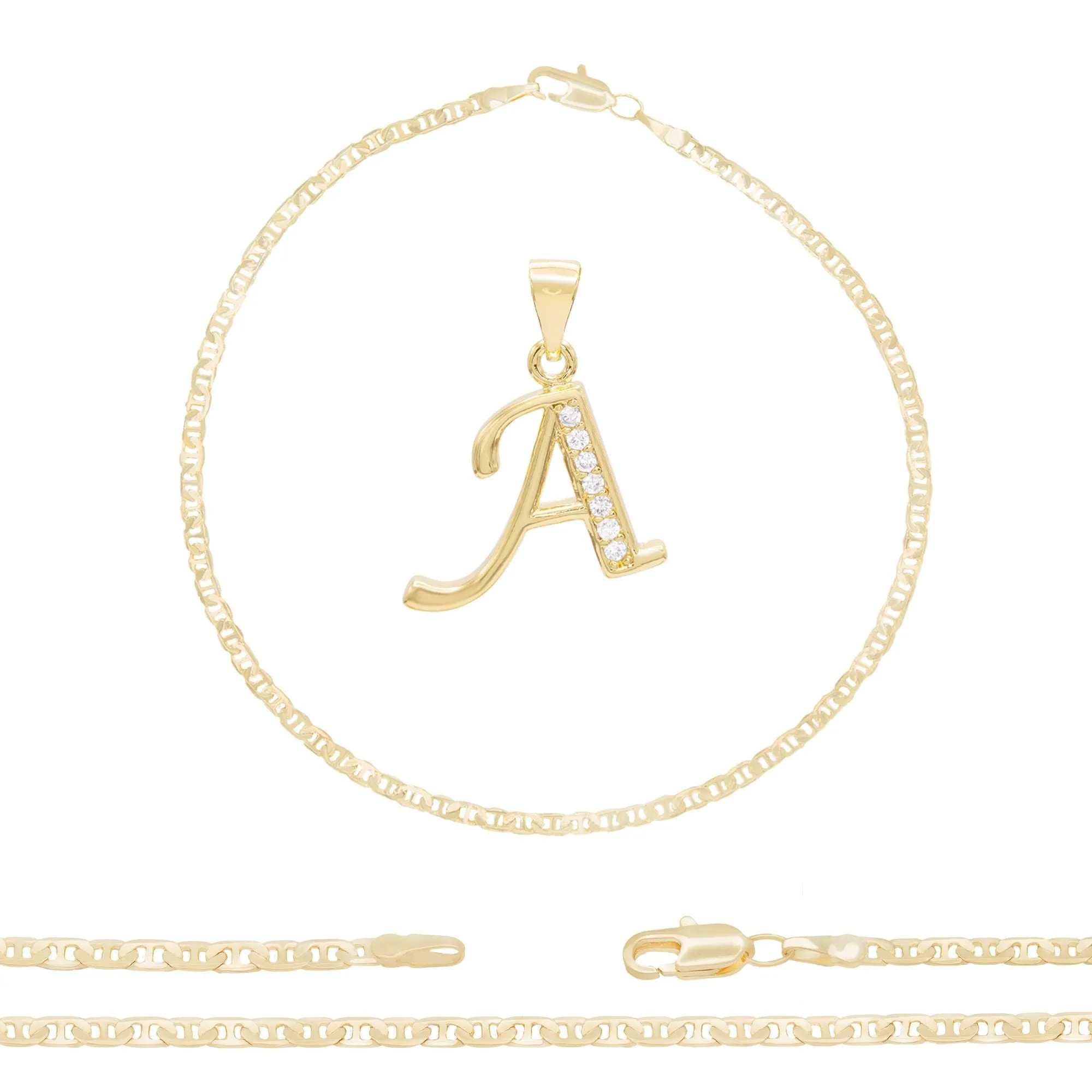 Initial A-Z Alphabet Letter CZ Pendant 14K Anklet Bracelet Gold Filled Mariner Set 10" WomenJewelry 3 mm
