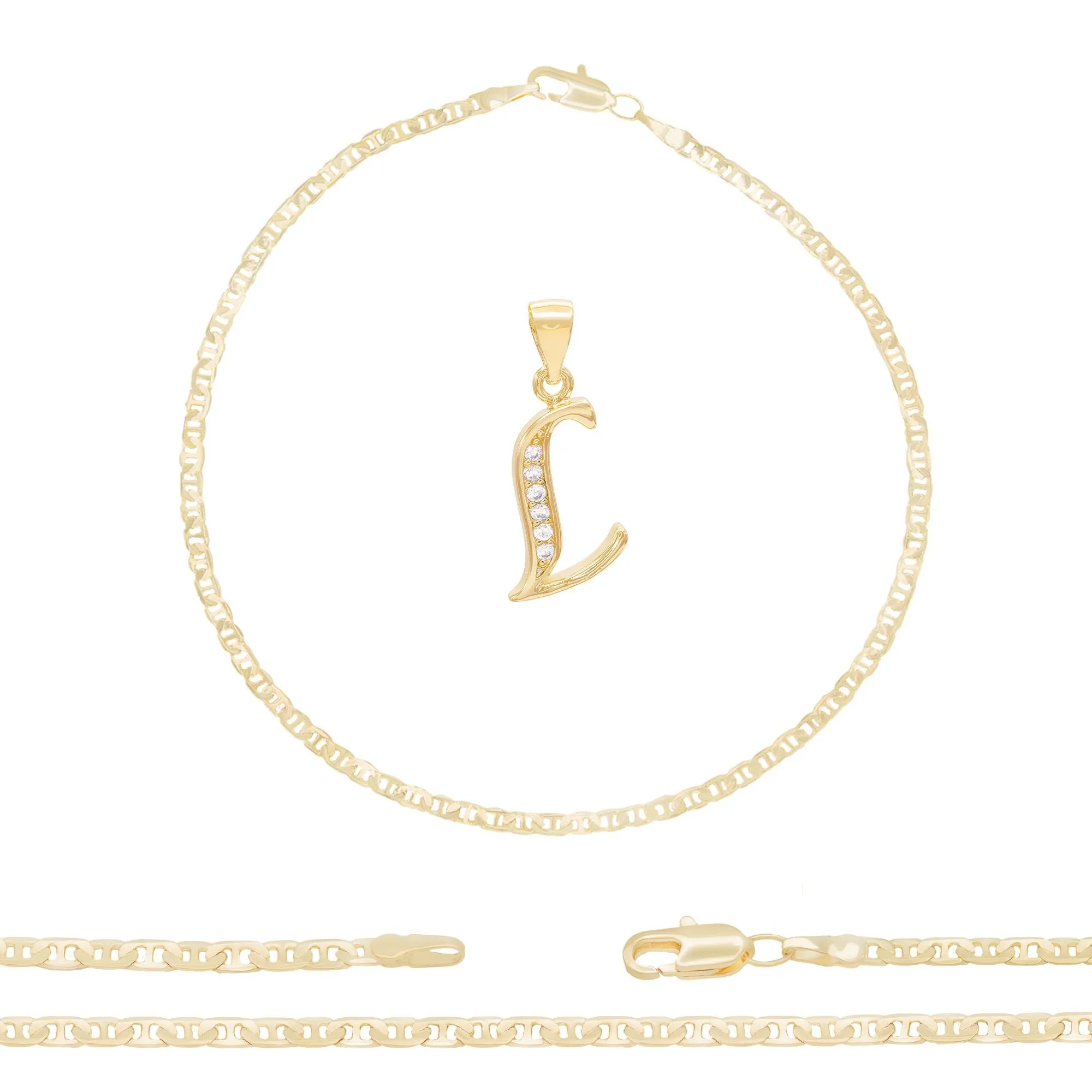 Initial A-Z Alphabet Letter CZ Pendant 14K Anklet Bracelet Gold Filled Mariner Set 10" WomenJewelry 3 mm