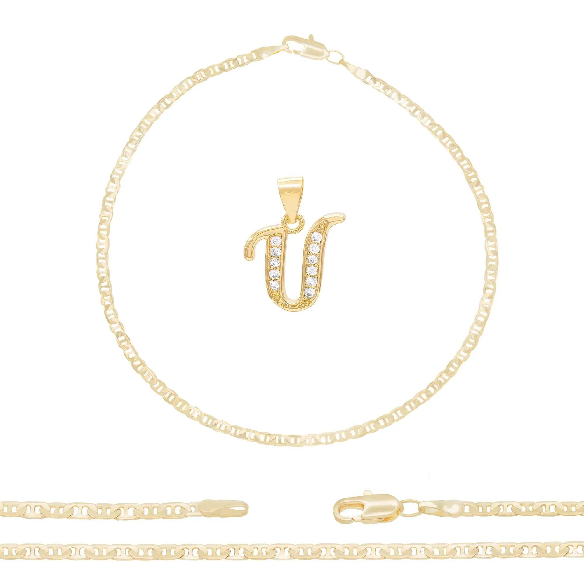 Initial A-Z Alphabet Letter CZ Pendant 14K Anklet Bracelet Gold Filled Mariner Set 10" WomenJewelry 3.2 mm
