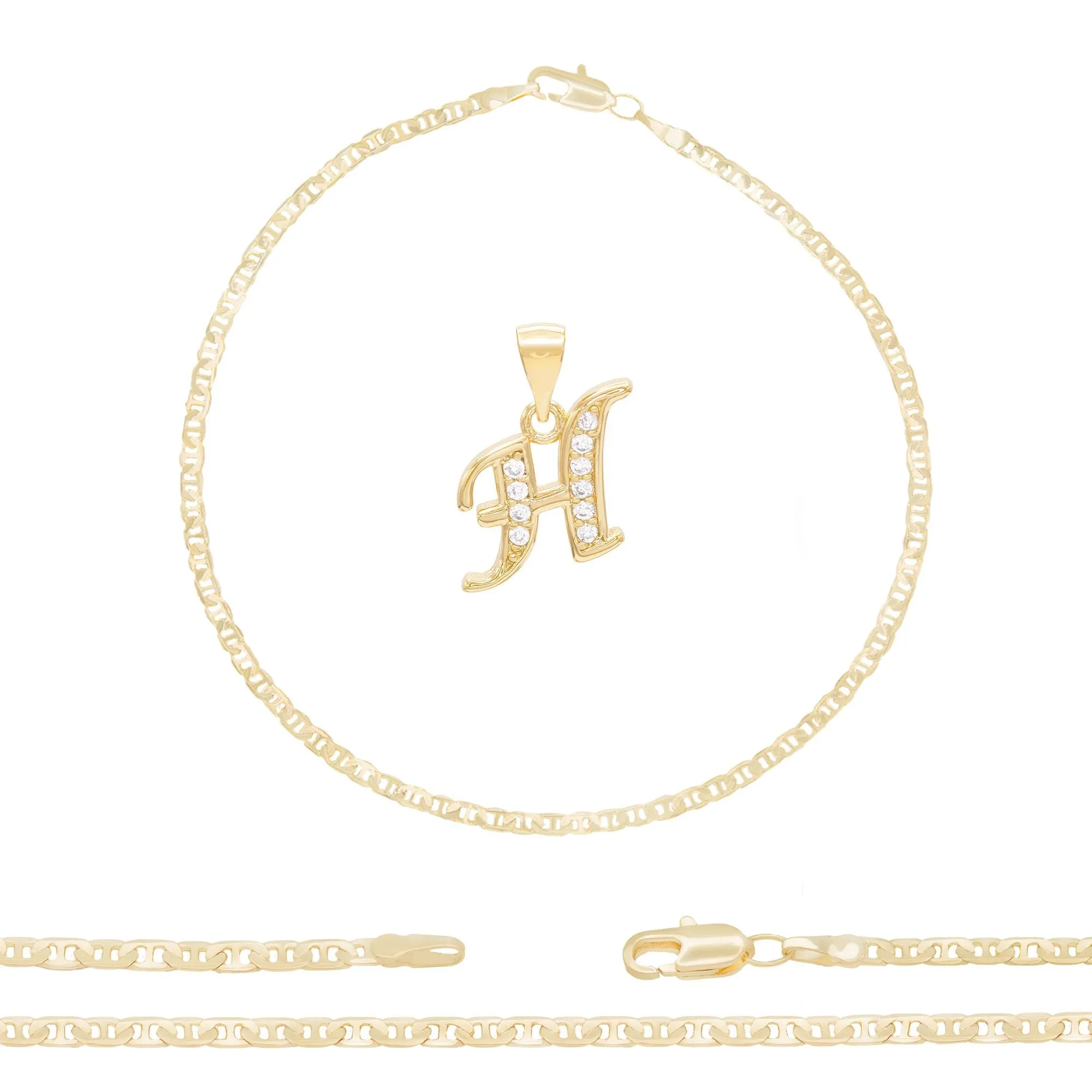 Initial A-Z Alphabet Letter CZ Pendant 14K Anklet Bracelet Gold Filled Mariner Set 10" WomenJewelry 3.2 mm
