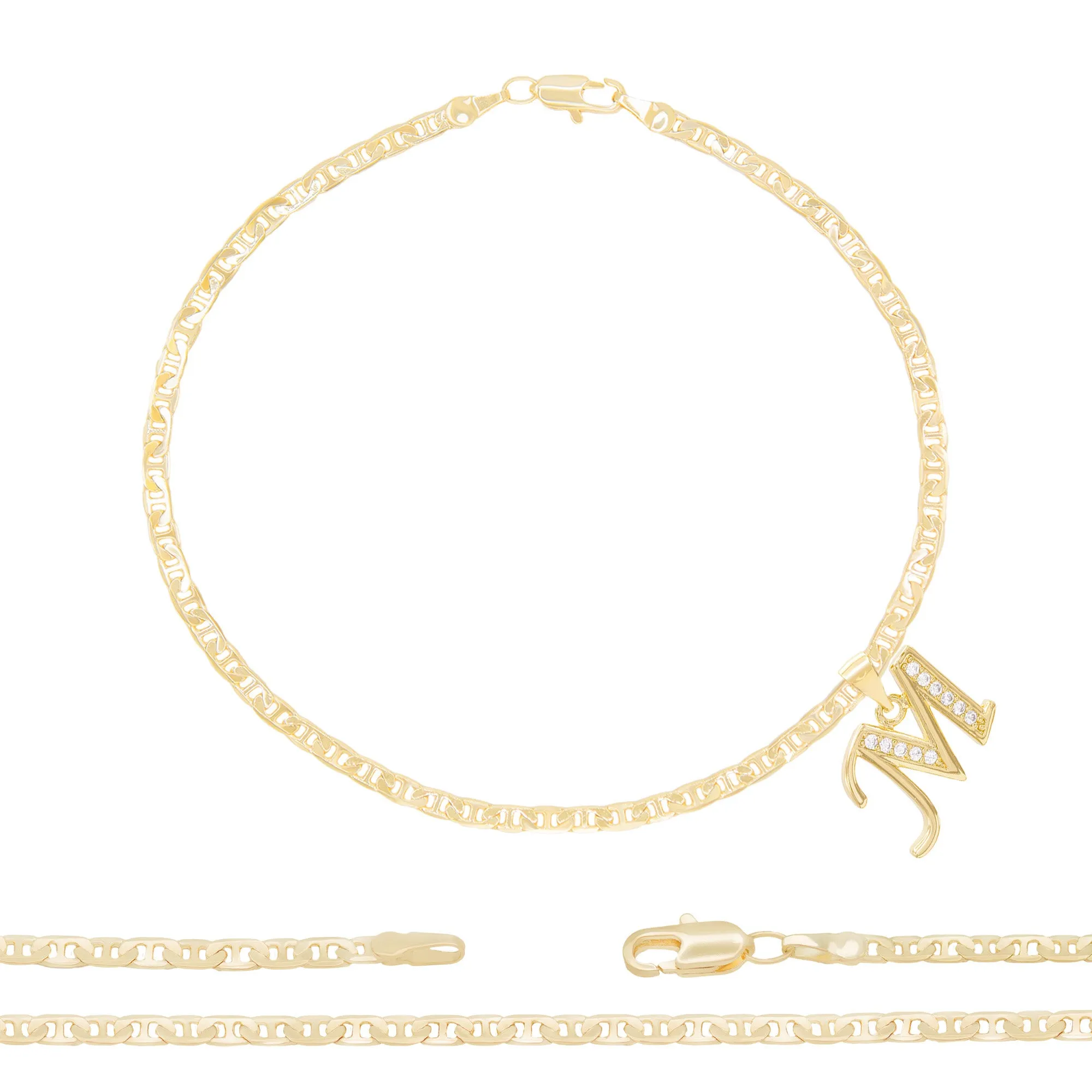Initial A-Z Alphabet Letter CZ Pendant 14K Anklet Bracelet Gold Filled Mariner Set 10" WomenJewelry 3.2 mm