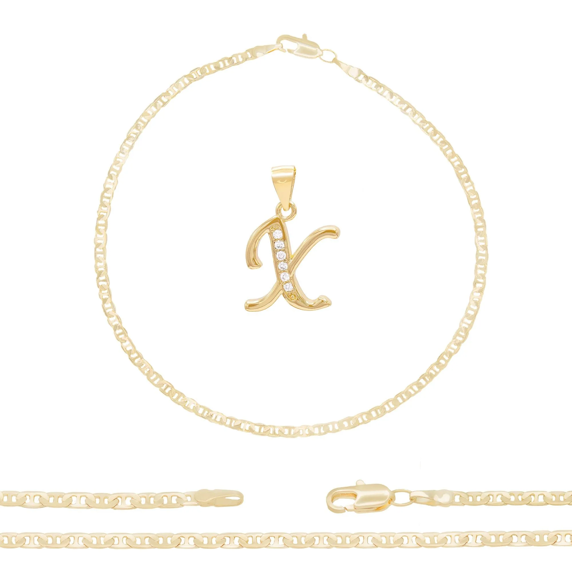 Initial A-Z Alphabet Letter CZ Pendant 14K Anklet Bracelet Gold Filled Mariner Set 10" WomenJewelry 3.2 mm