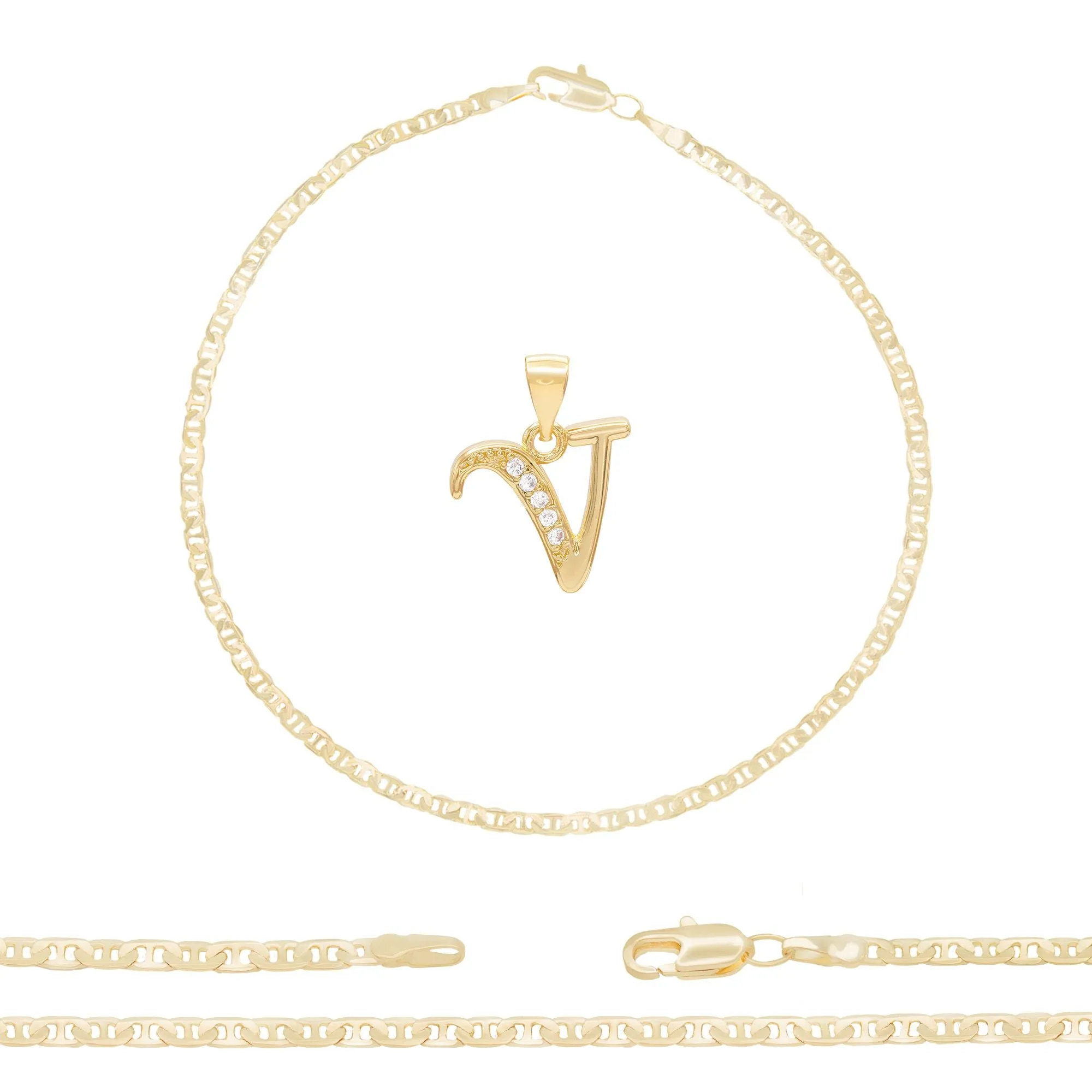 Initial A-Z Alphabet Letter CZ Pendant 14K Anklet Bracelet Gold Filled Mariner Set 10" WomenJewelry 3.2 mm