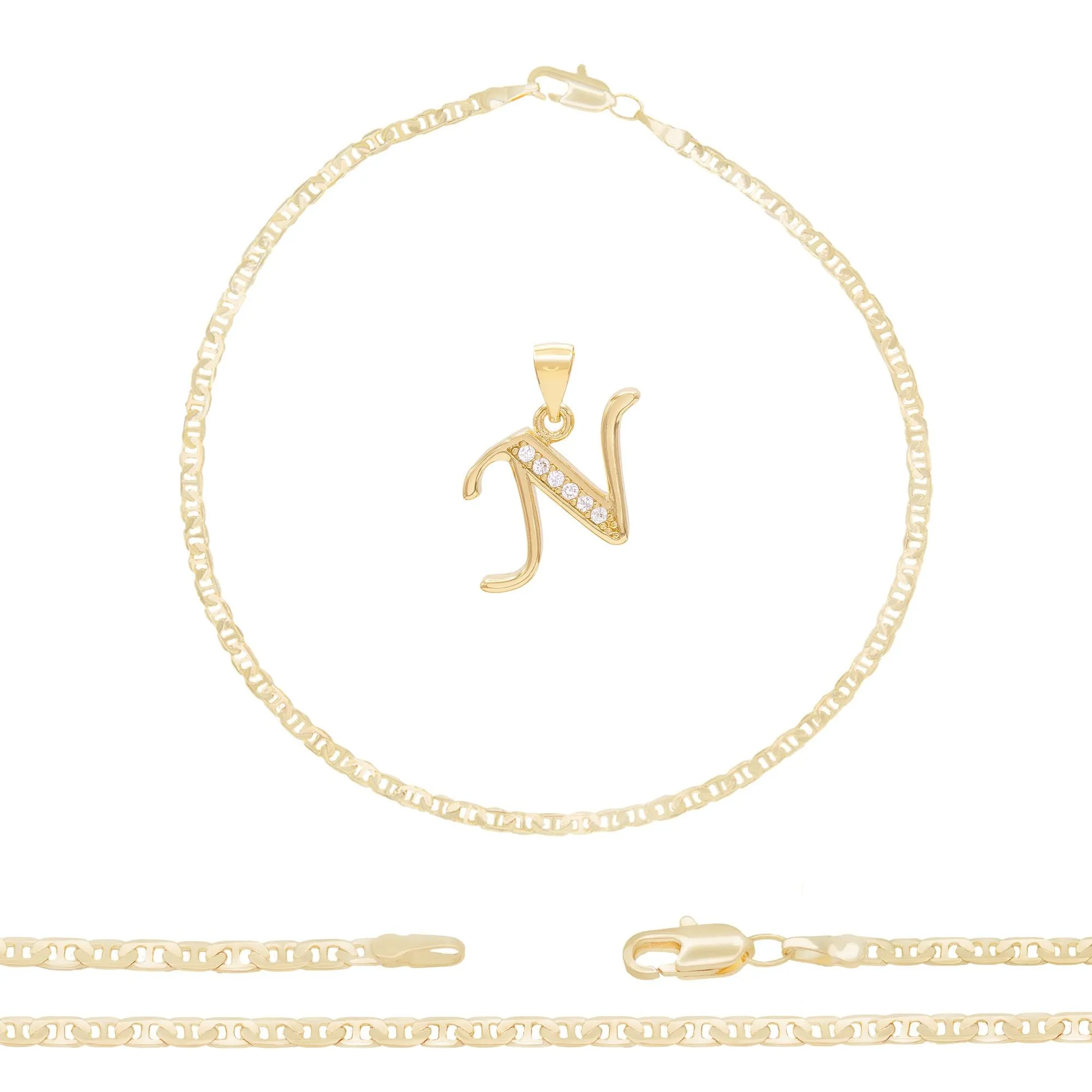 Initial A-Z Alphabet Letter CZ Pendant 14K Anklet Bracelet Gold Filled Mariner Set 10" WomenJewelry 3.2 mm