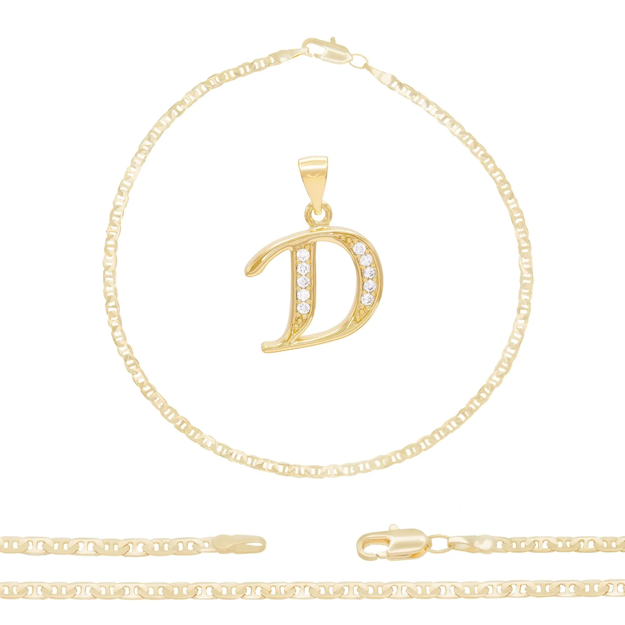 Initial A-Z Alphabet Letter CZ Pendant 14K Anklet Bracelet Gold Filled Mariner Set 10" WomenJewelry 3.2 mm