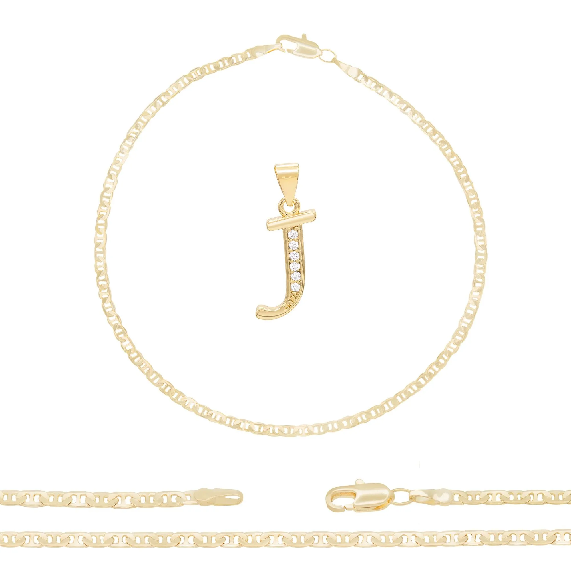 Initial A-Z Alphabet Letter CZ Pendant 14K Anklet Bracelet Gold Filled Mariner Set 10" WomenJewelry 3.2 mm