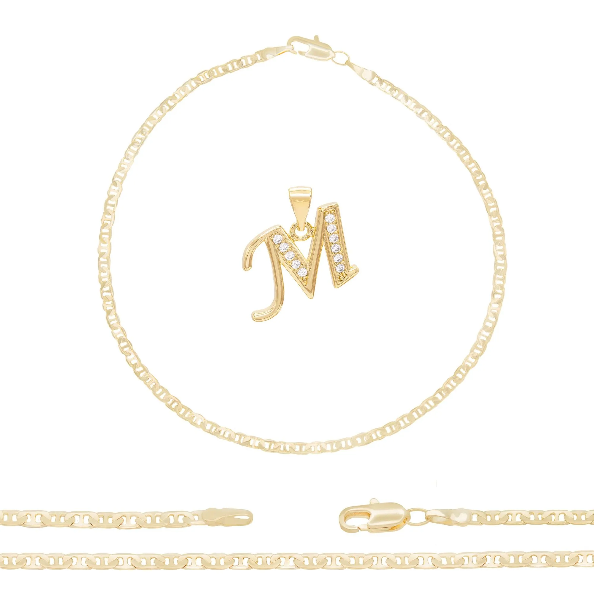 Initial A-Z Alphabet Letter CZ Pendant 14K Anklet Bracelet Gold Filled Mariner Set 10" WomenJewelry 3.2 mm