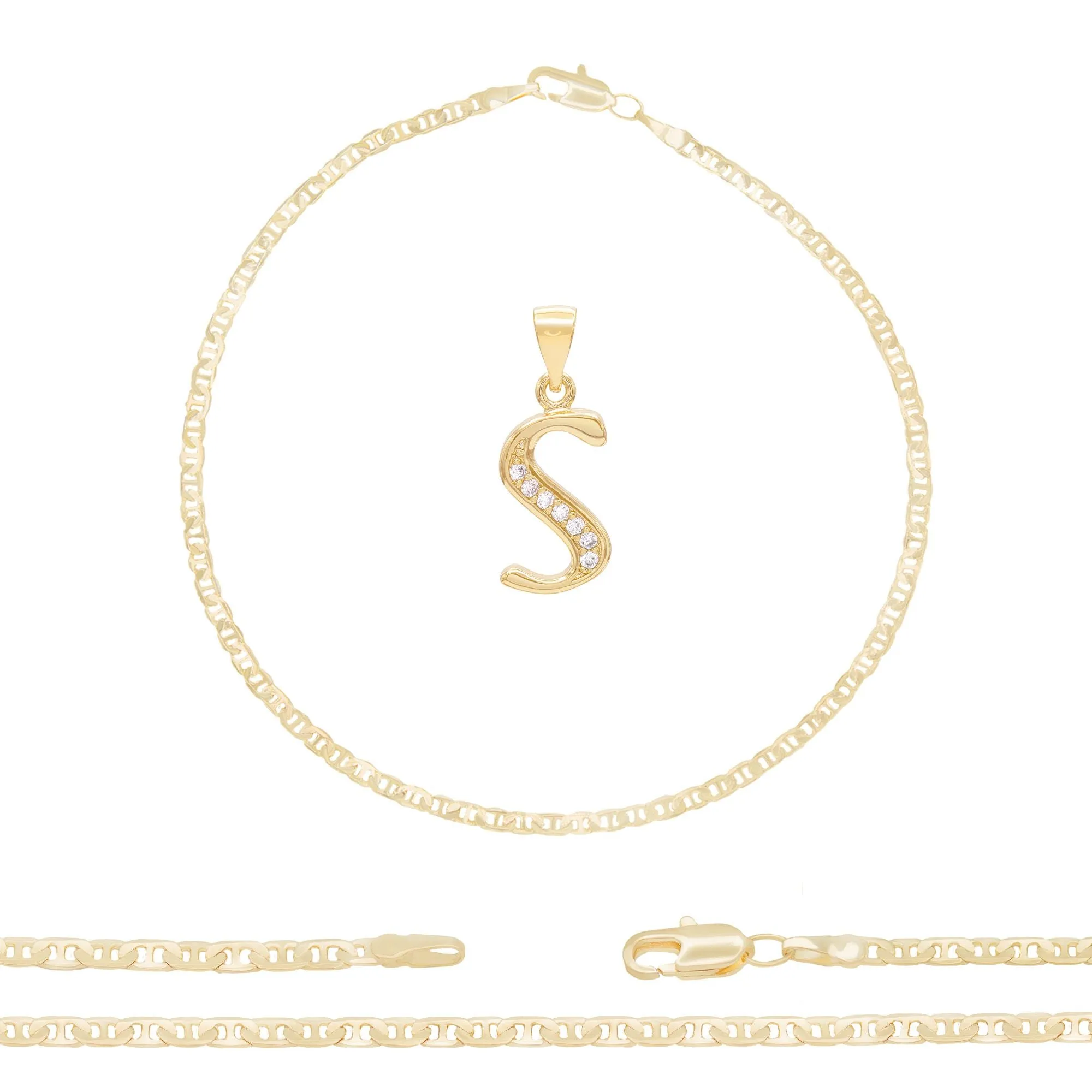 Initial A-Z Alphabet Letter CZ Pendant 14K Anklet Bracelet Gold Filled Mariner Set 10" WomenJewelry 3.2 mm
