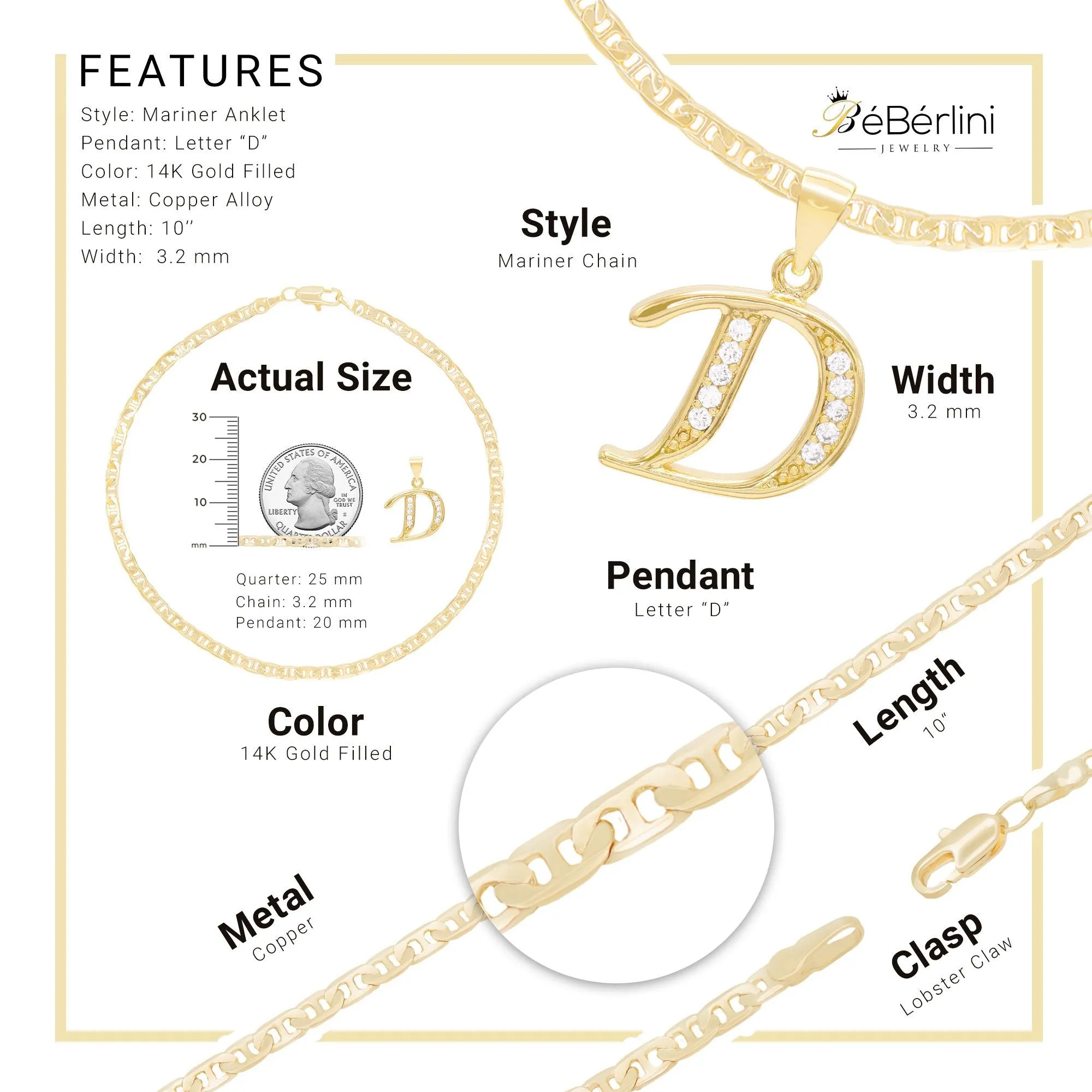 Initial A-Z Alphabet Letter CZ Pendant 14K Anklet Bracelet Gold Filled Mariner Set 10" WomenJewelry 3.2 mm