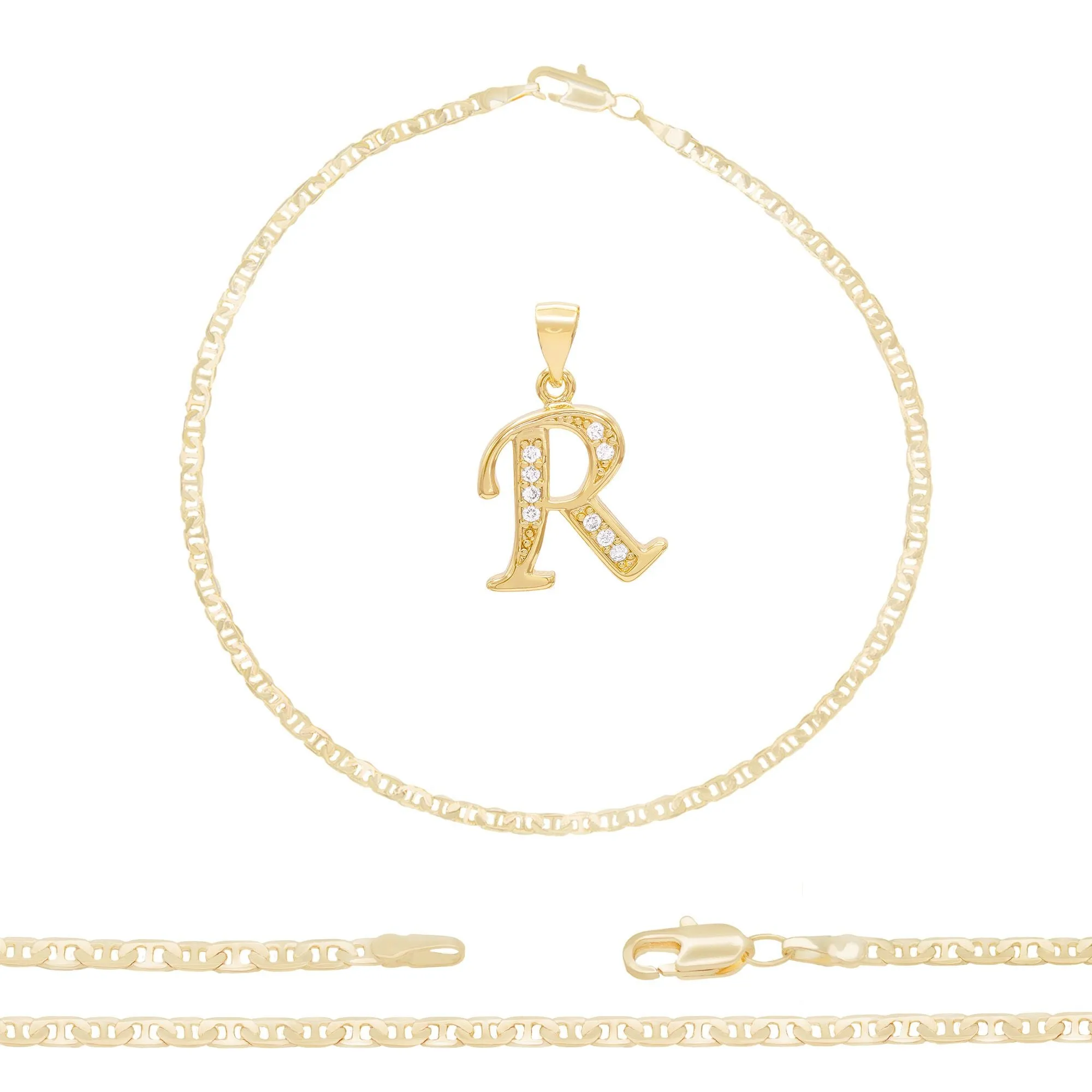 Initial A-Z Alphabet Letter CZ Pendant 14K Anklet Bracelet Gold Filled Mariner Set 10" WomenJewelry 3.2 mm