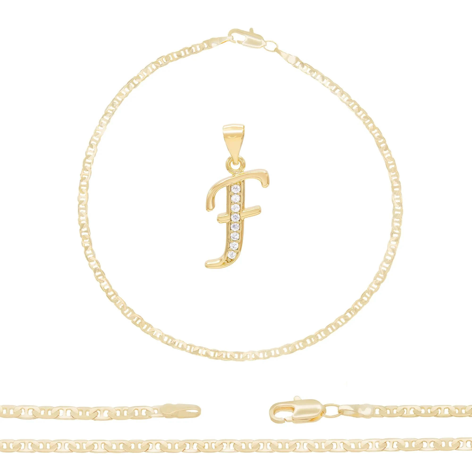 Initial A-Z Alphabet Letter CZ Pendant 14K Anklet Bracelet Gold Filled Mariner Set 10" WomenJewelry 3.2 mm