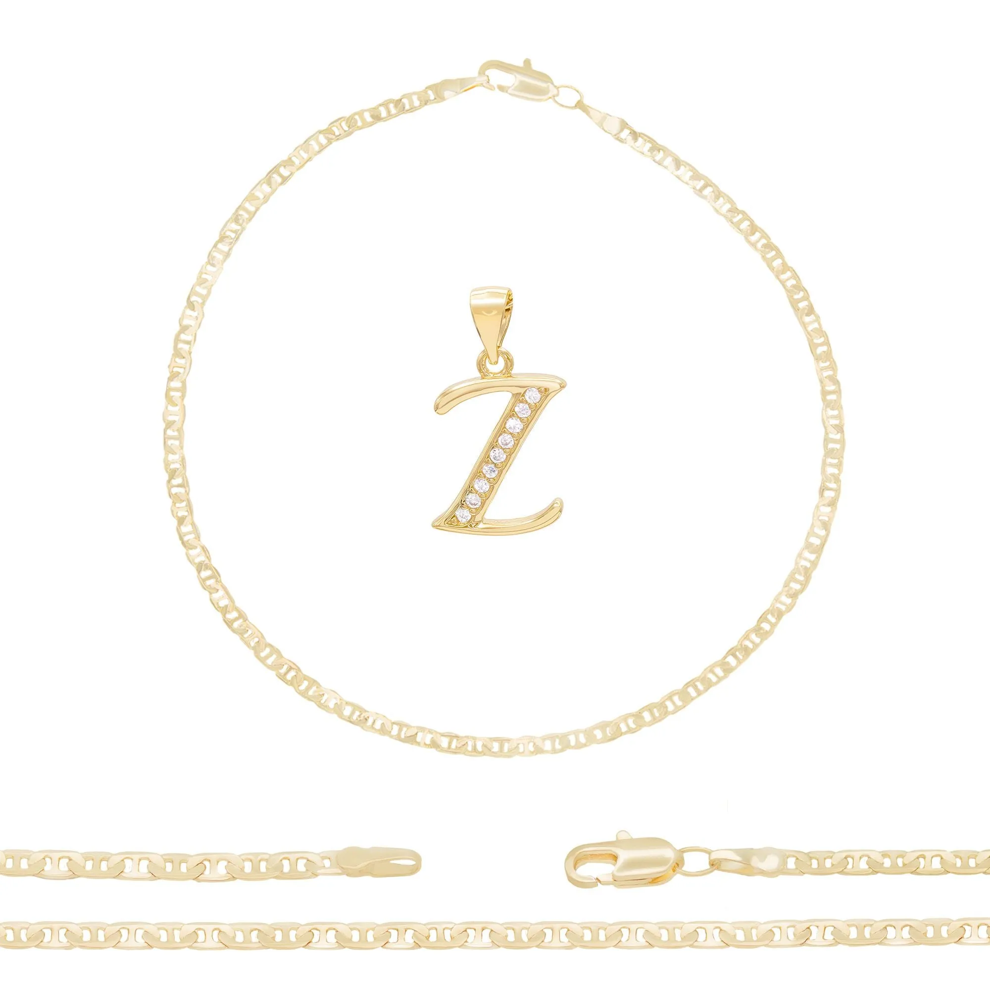 Initial A-Z Alphabet Letter CZ Pendant 14K Anklet Bracelet Gold Filled Mariner Set 10" WomenJewelry 3.2 mm