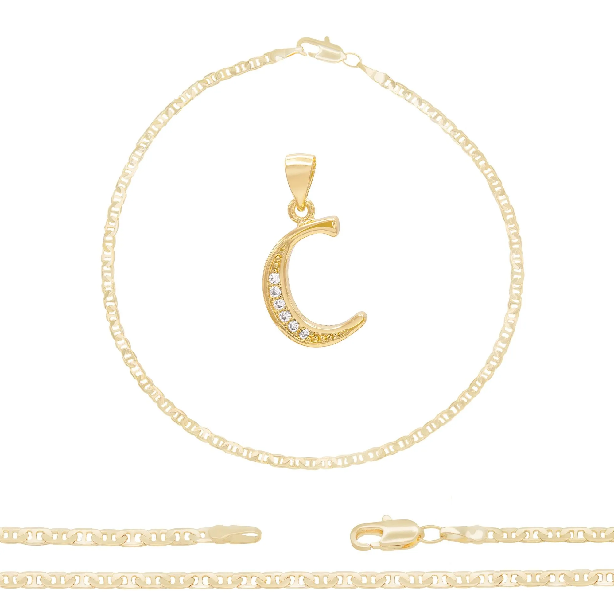 Initial A-Z Alphabet Letter CZ Pendant 14K Anklet Bracelet Gold Filled Mariner Set 10" WomenJewelry 3.2 mm