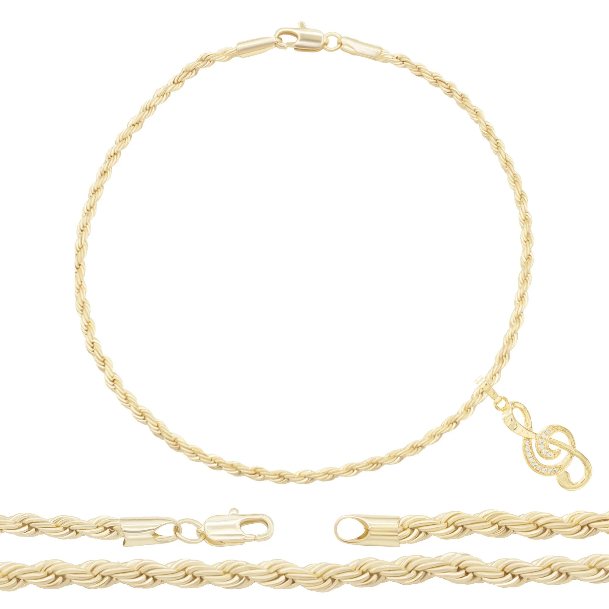 Music Note CZ Pendant 14K Anklet Bracelet Gold Filled Cubic Zirconia Charm Rope Foot Set 10" WomenJewelry