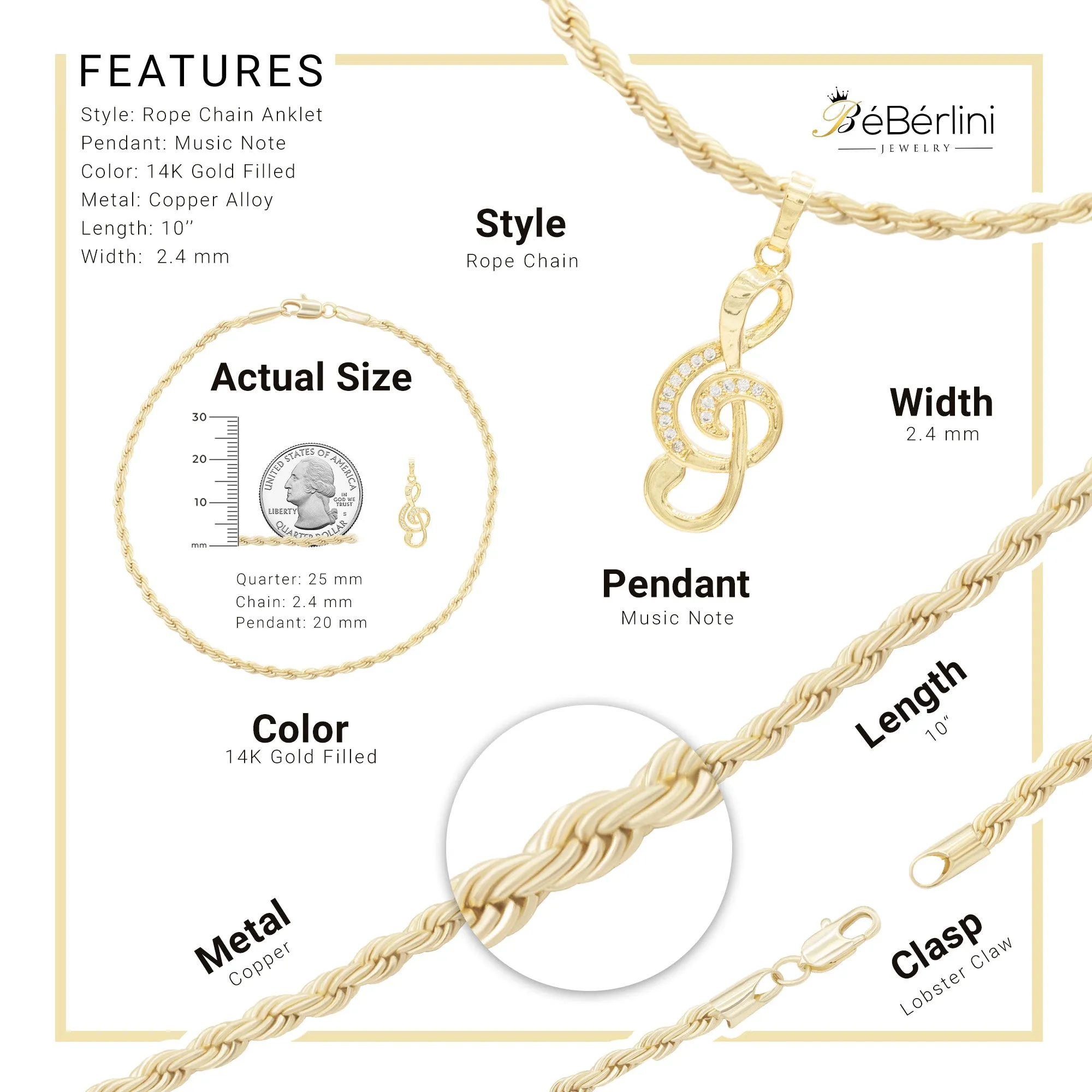 Music Note CZ Pendant 14K Anklet Bracelet Gold Filled Cubic Zirconia Charm Rope Foot Set 10" WomenJewelry