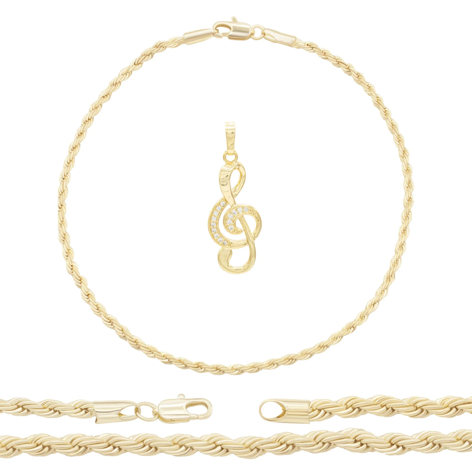Music Note CZ Pendant 14K Anklet Bracelet Gold Filled Cubic Zirconia Charm Rope Foot Set 10" WomenJewelry
